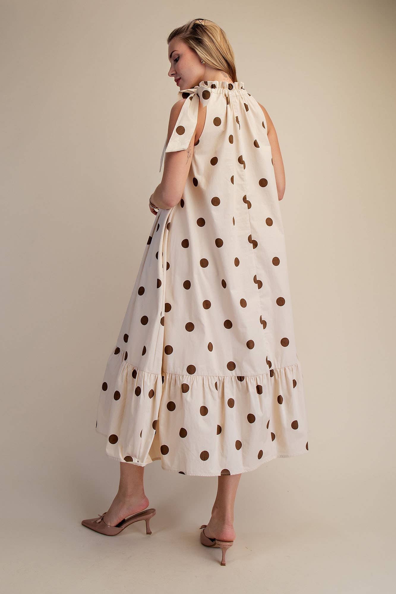 Ruffle Neck Tie Sleeveless Polka Dot Midi Dress: Blue / L