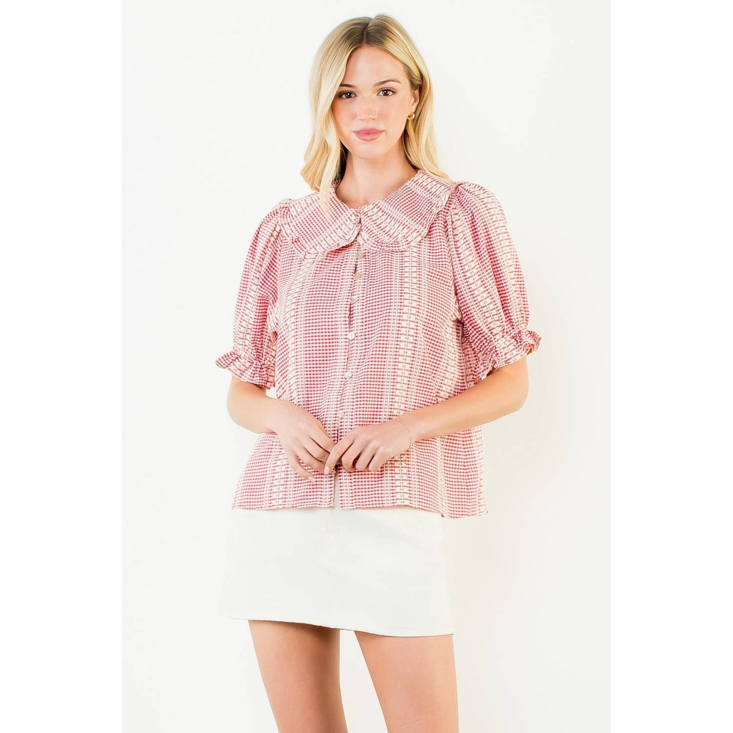 Puff Sleeve Gingham Patterned Top: RED / XS-S-M-L(1-2-2-1)