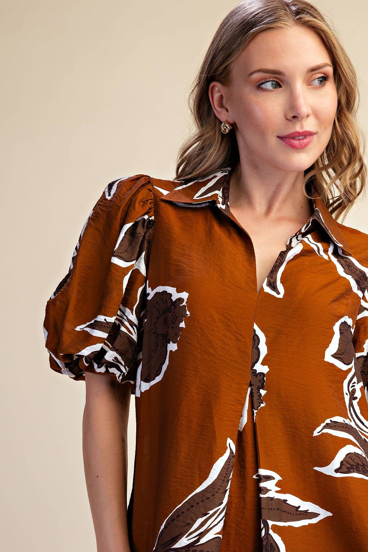 Fall/Winter Print Puff Sleeve Midi Dress : Rust / S