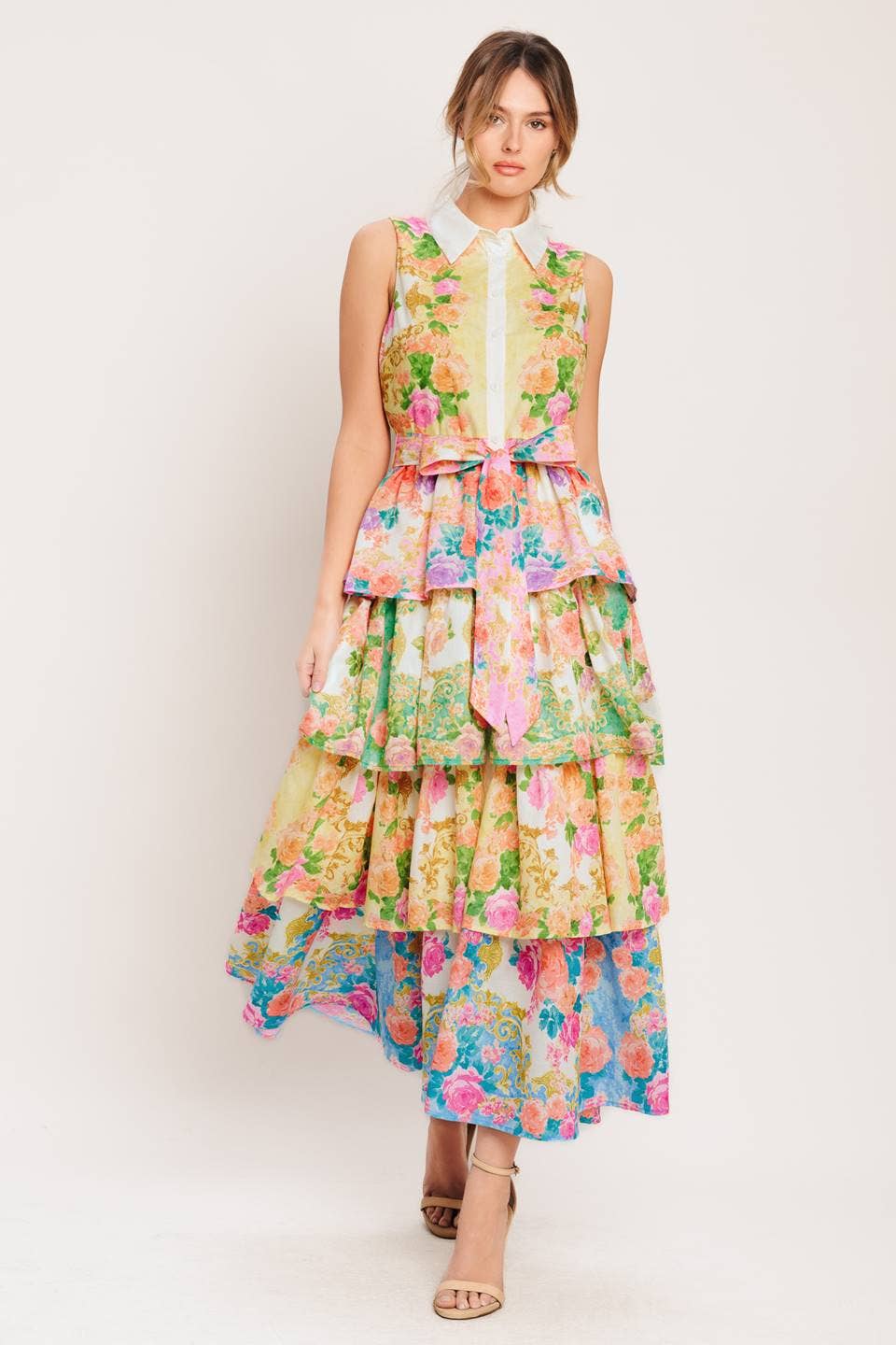 A printed woven midi dress - ID23280: YELLOW BLUE PINK / Contemporary / S