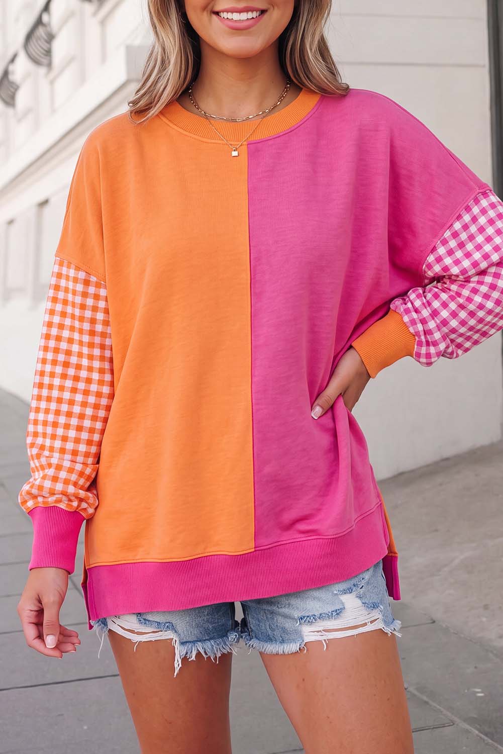 Plaid Print Crewneck Gingham Sleeve Sweatshirt FW26 | S-XL: Rose Red / L