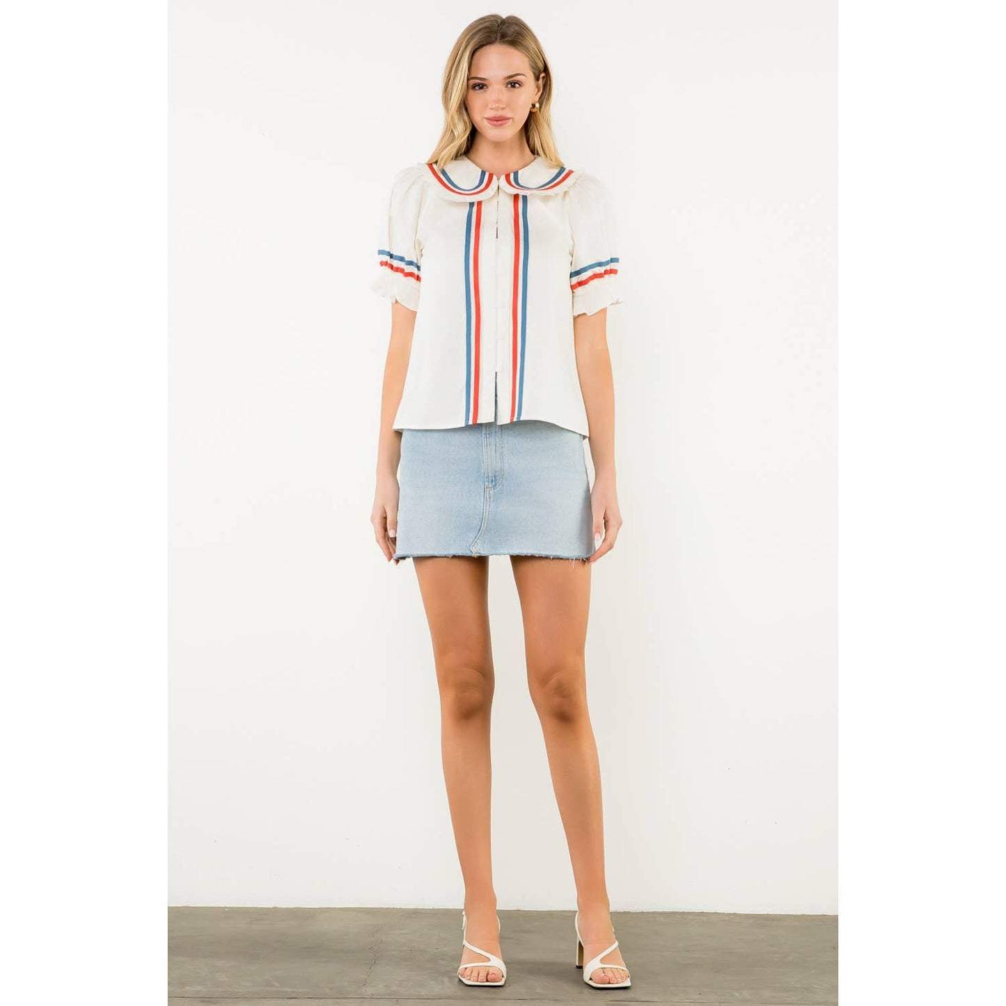 Striped Trim Puff Sleeve Button Top: CREAM / XS-S-M-L(1-2-2-1)
