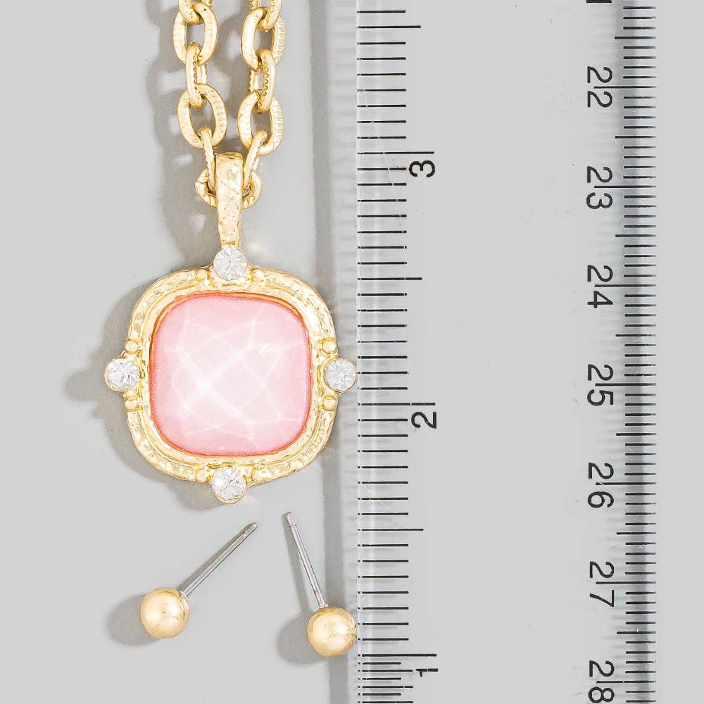 Square Faceted Stone Pendant Chain Necklace Set: PL