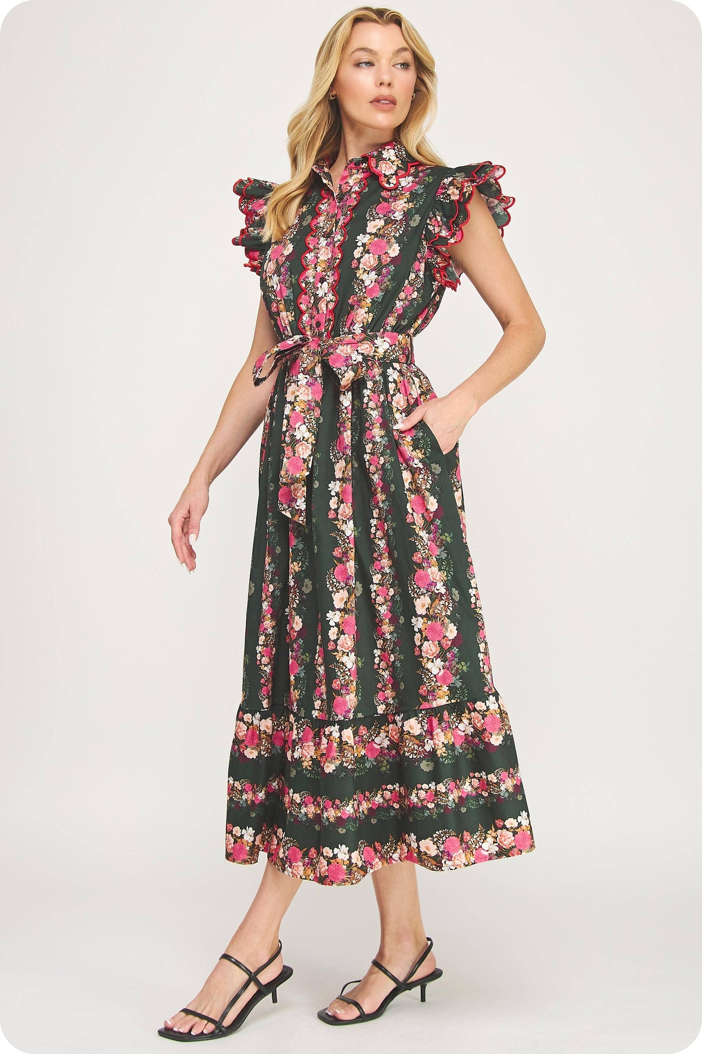 Ruffle Scallop Embroidery Floral Midi Dress: Deep Green/pink Multi / S