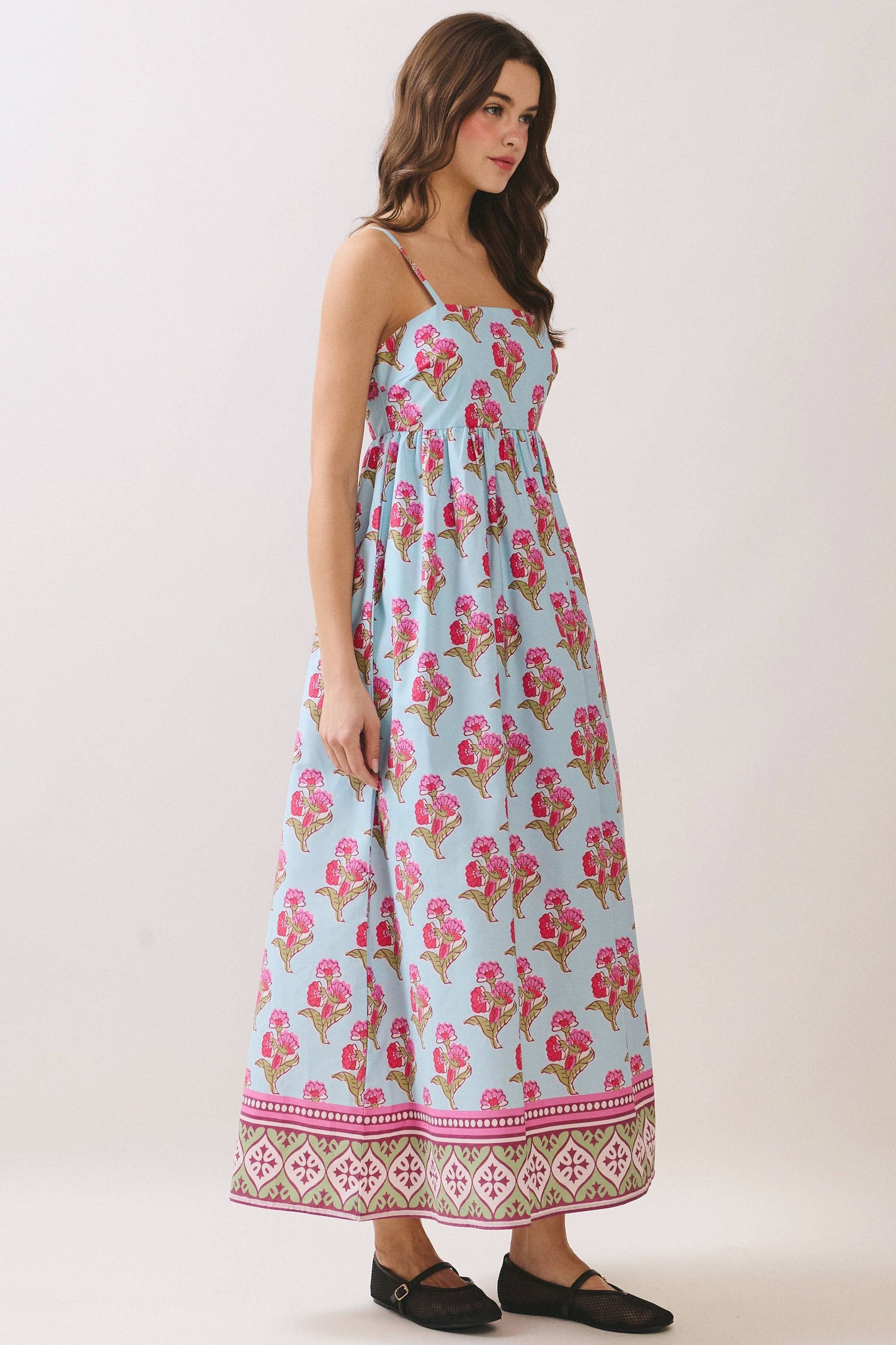 CD06721-Floral Print Gathered Waist seam Maxi Dress: MULTI / L