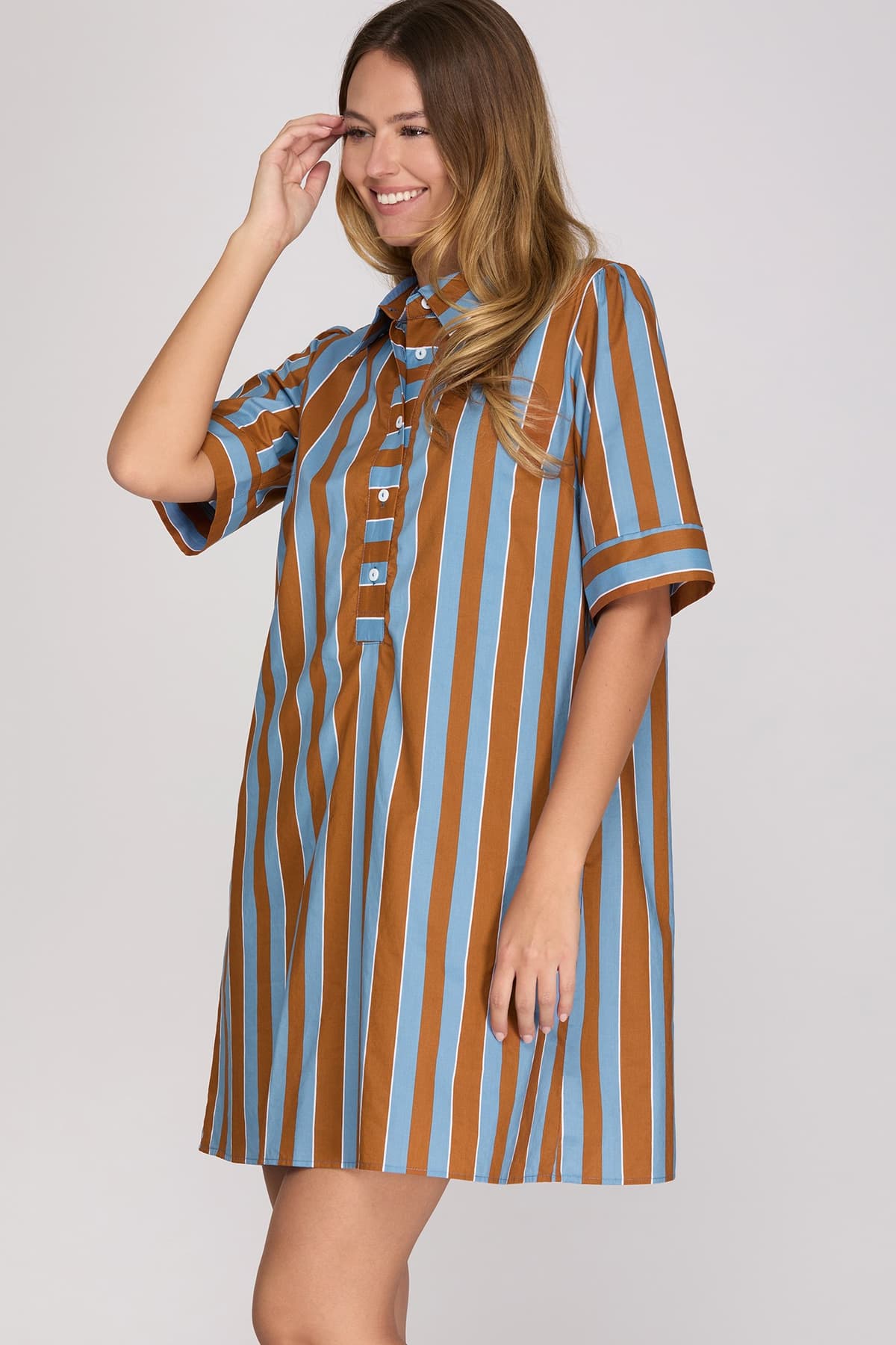 Short Sleeve Striped Mini Dress: SEA GREEN/LT BLUE / 2-2-2(S-M-L)