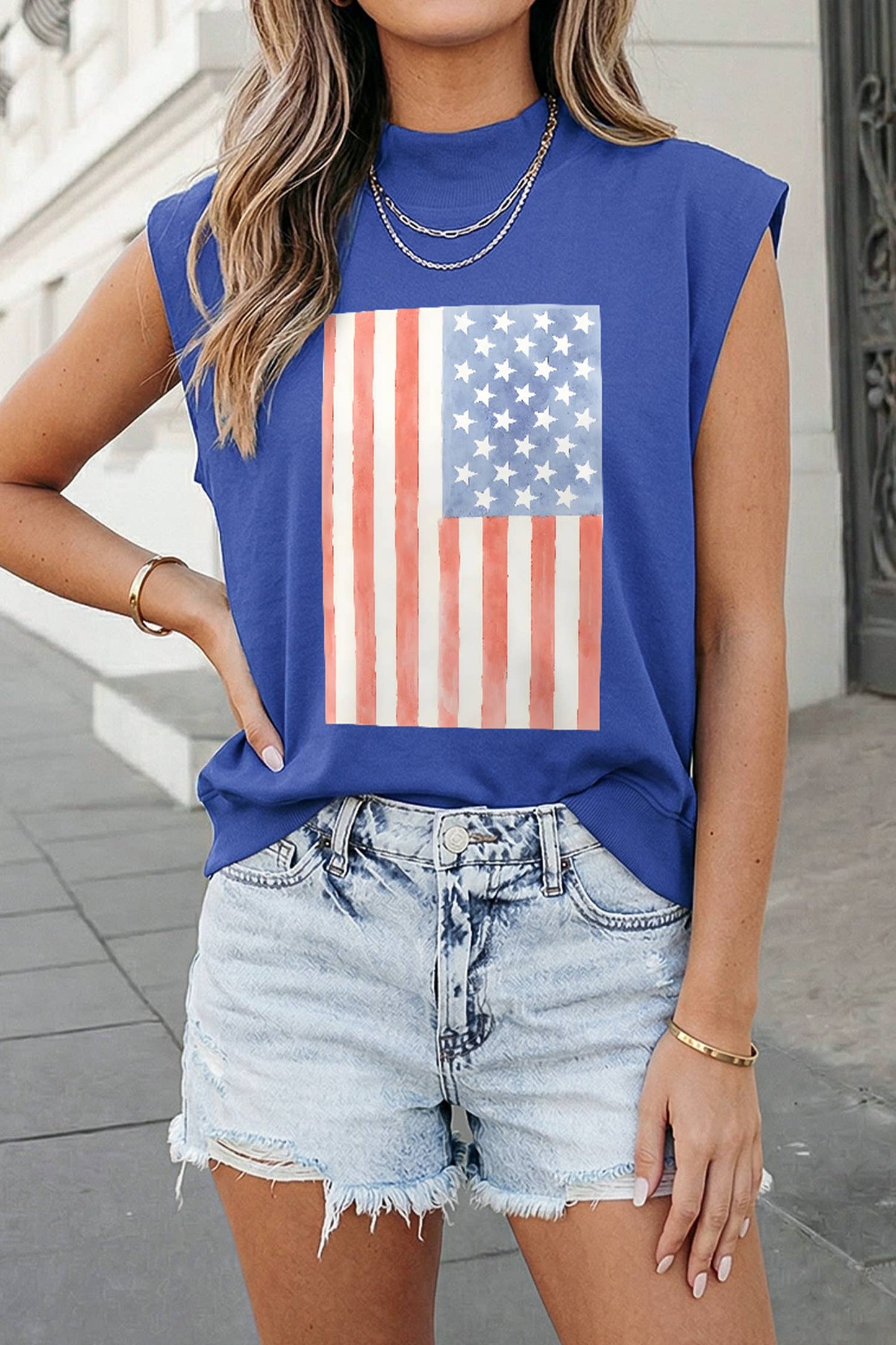 Retro American Flag Printed Mock Neck Tee | S-XL: Sky Blue / S