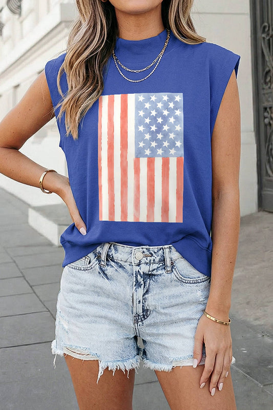 Retro American Flag Printed Mock Neck Tee | S-XL: Sky Blue / M