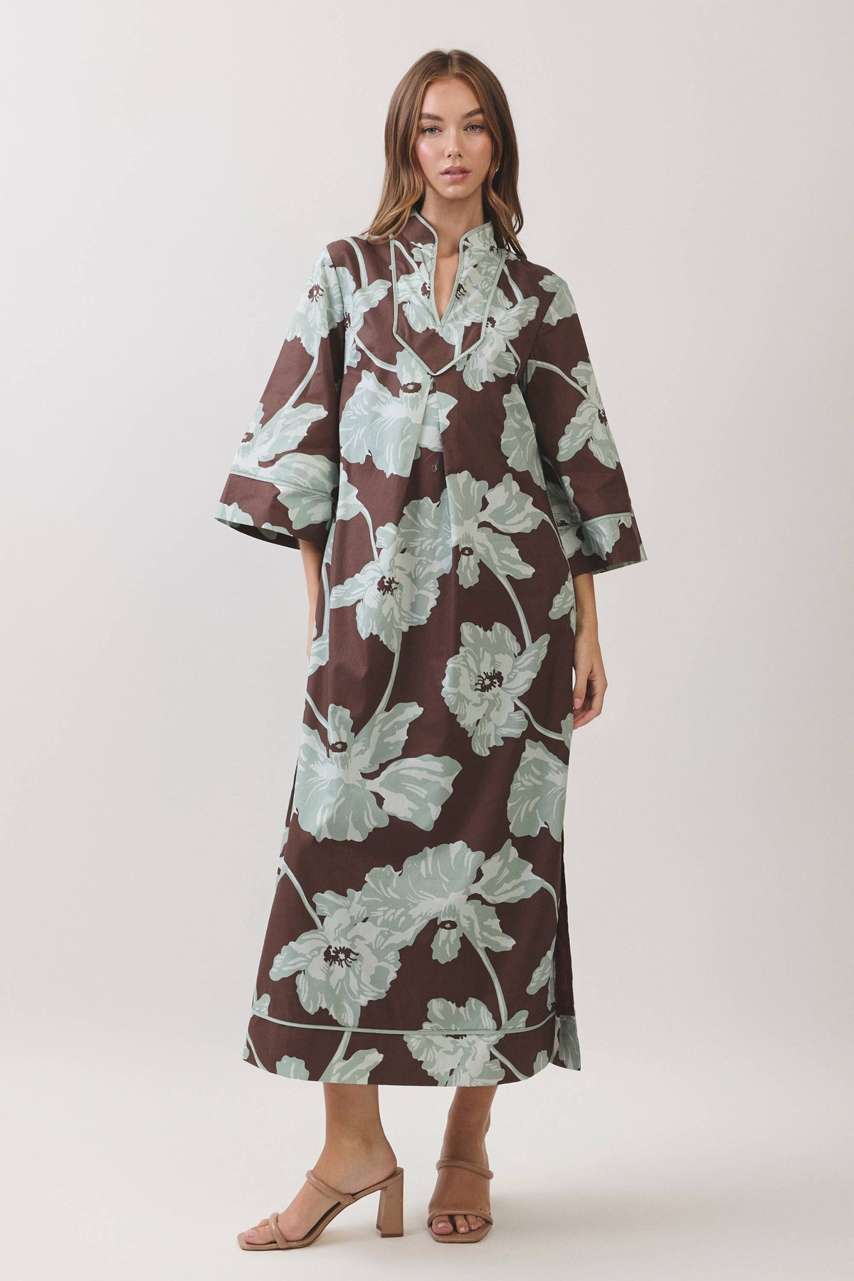 CD07560-Floral Print Caftan Maxi Dress: Chocolate / L
