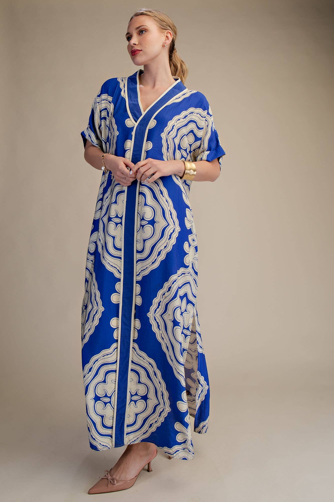 V-Neck Short Sleeve Maxi Print Dress: Blue / L
