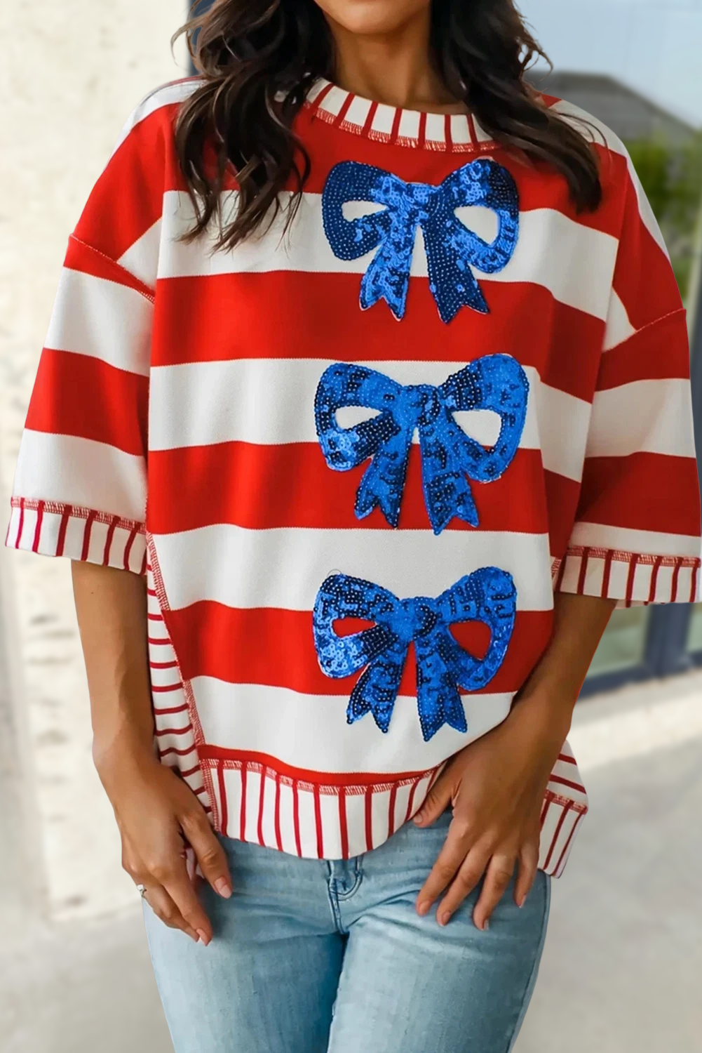 USA Stripe Sequin Bow Patriotic Half Sleeve Top | S-XL: As shown / Missy / S