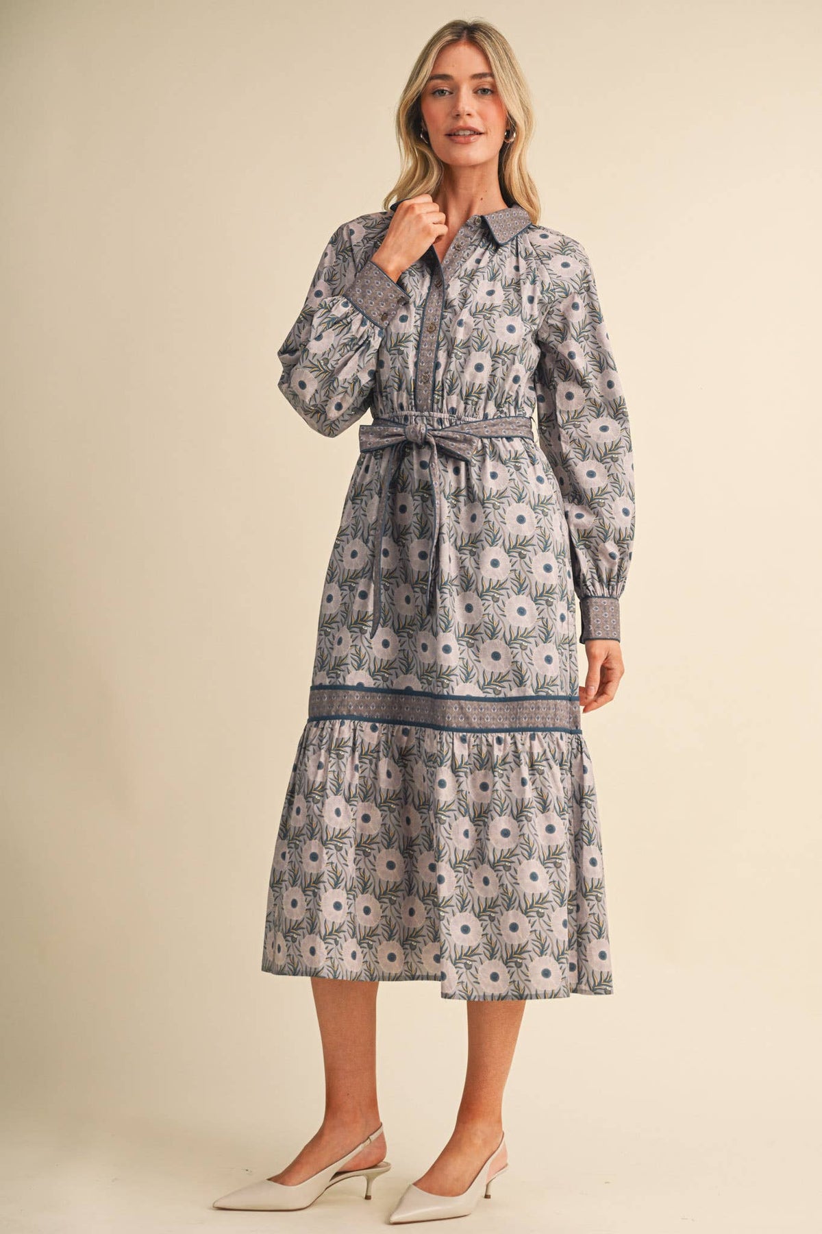 MIXED FLORAL BUTTON DOWN BELTED MIDI DRESS MDR5220: GREY TEAL / S