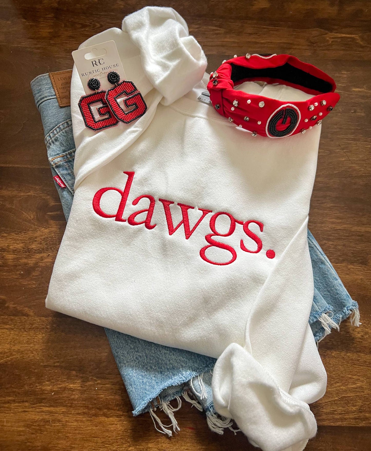 Dawgs. Embroidered Sweatshirt: Black Sweatshirt & Red Thread / XL