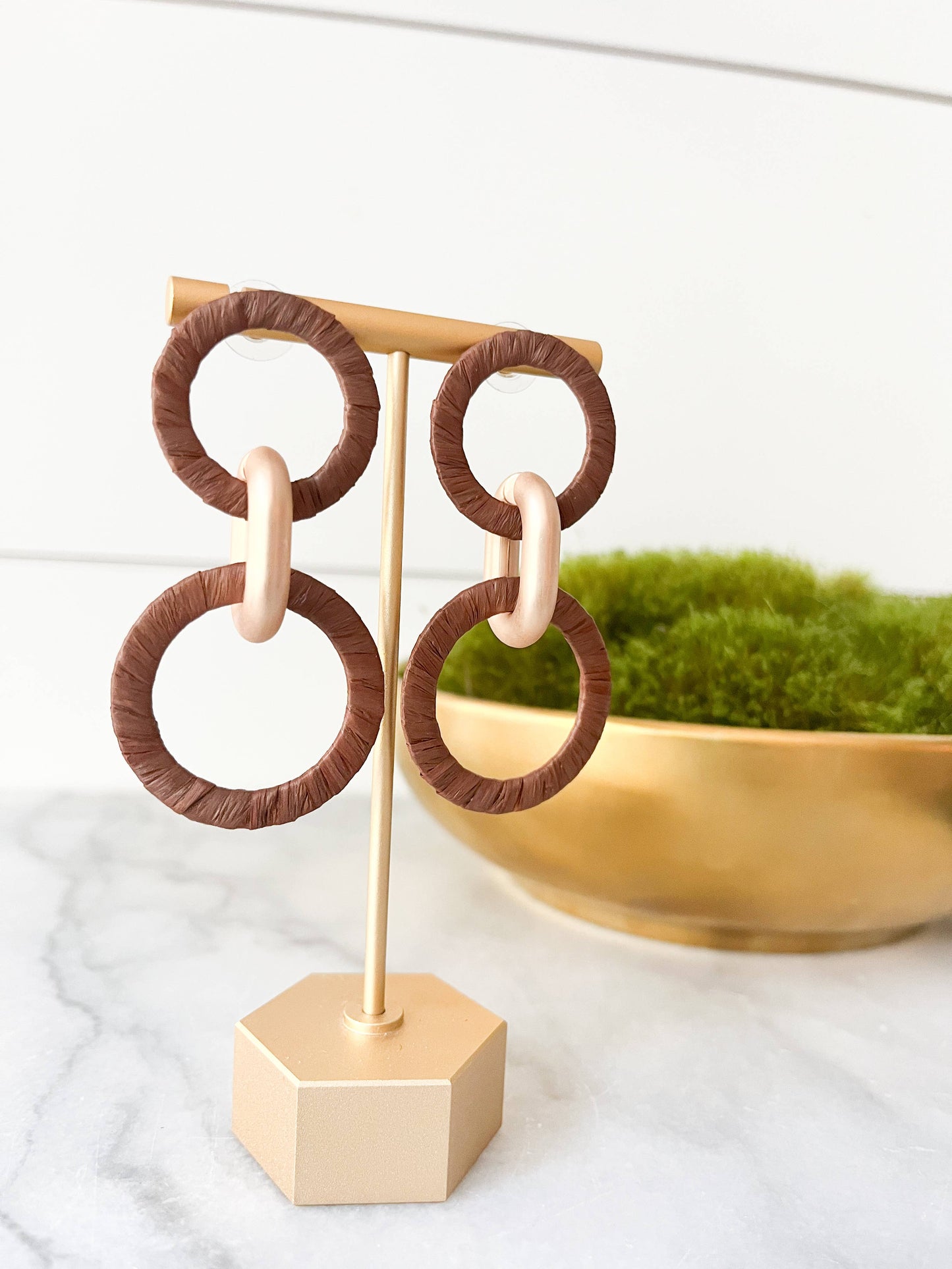 Chocolate Brown & Matte Gold Raffia circle Link Earrings