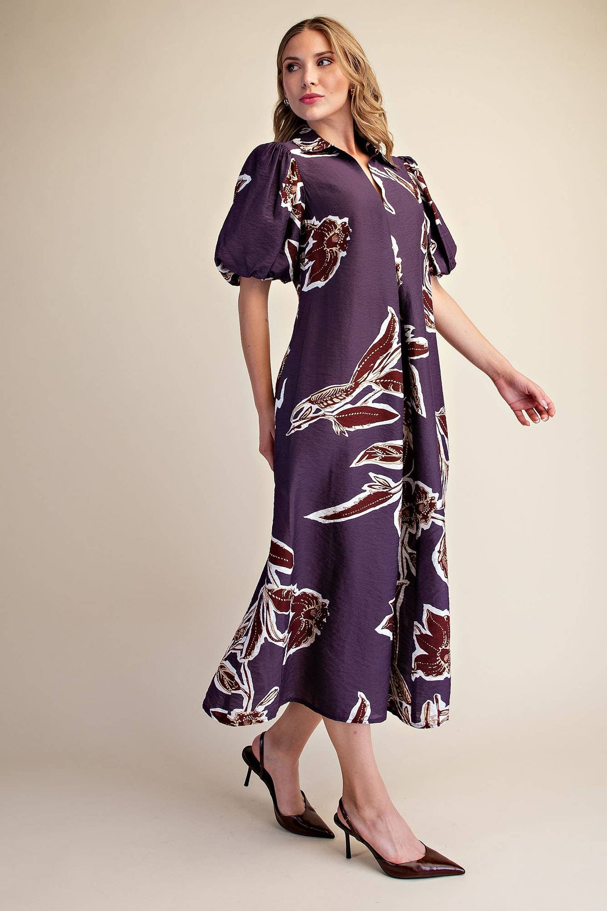 Fall/Winter Print Puff Sleeve Midi Dress : Rust / L