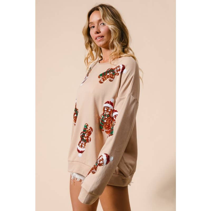 Sequin Gingerbread Man Christmas Pullover: OATMEAL / S-M-L-XL(2-2-2-2)