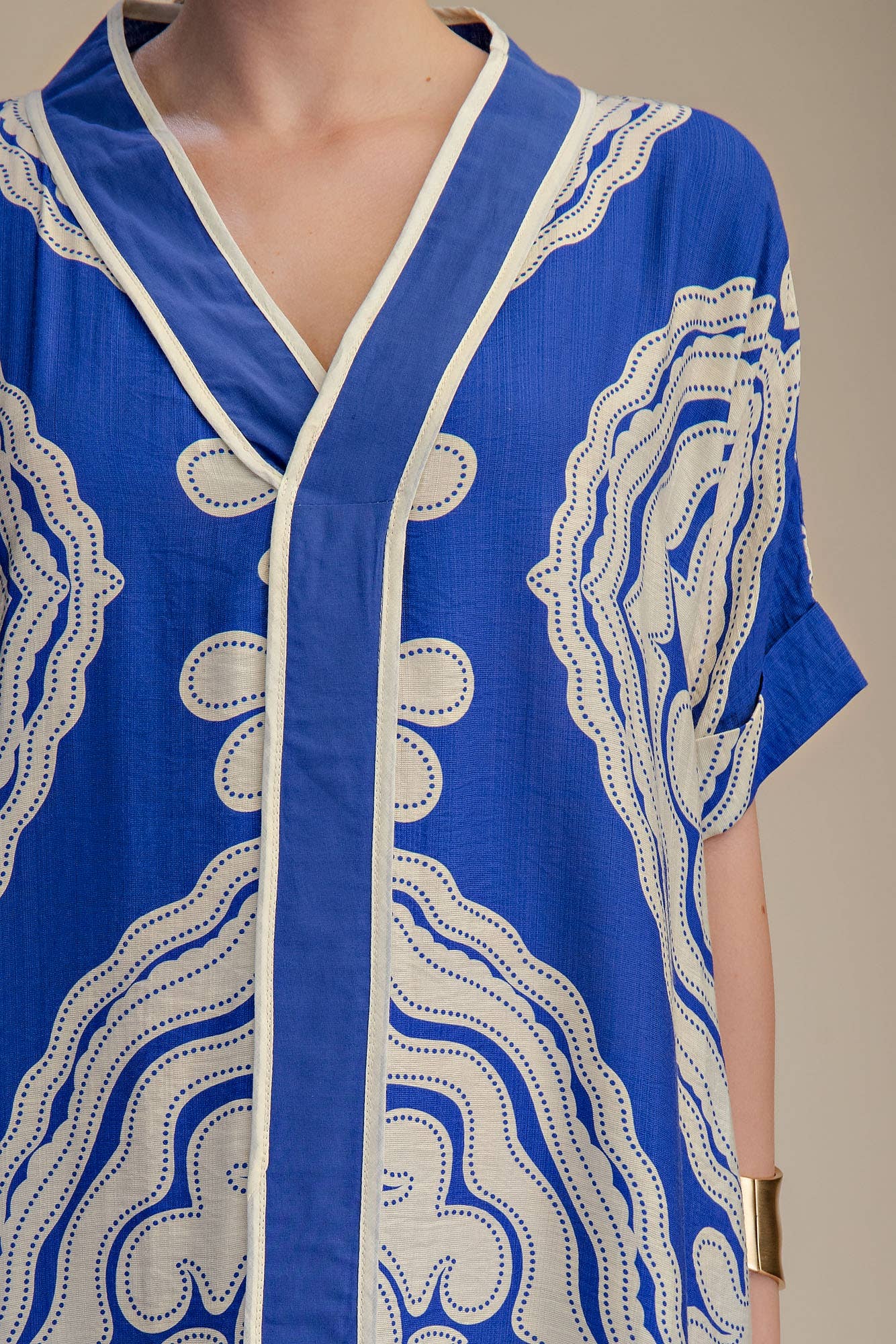 V-Neck Short Sleeve Maxi Print Dress: Blue / L