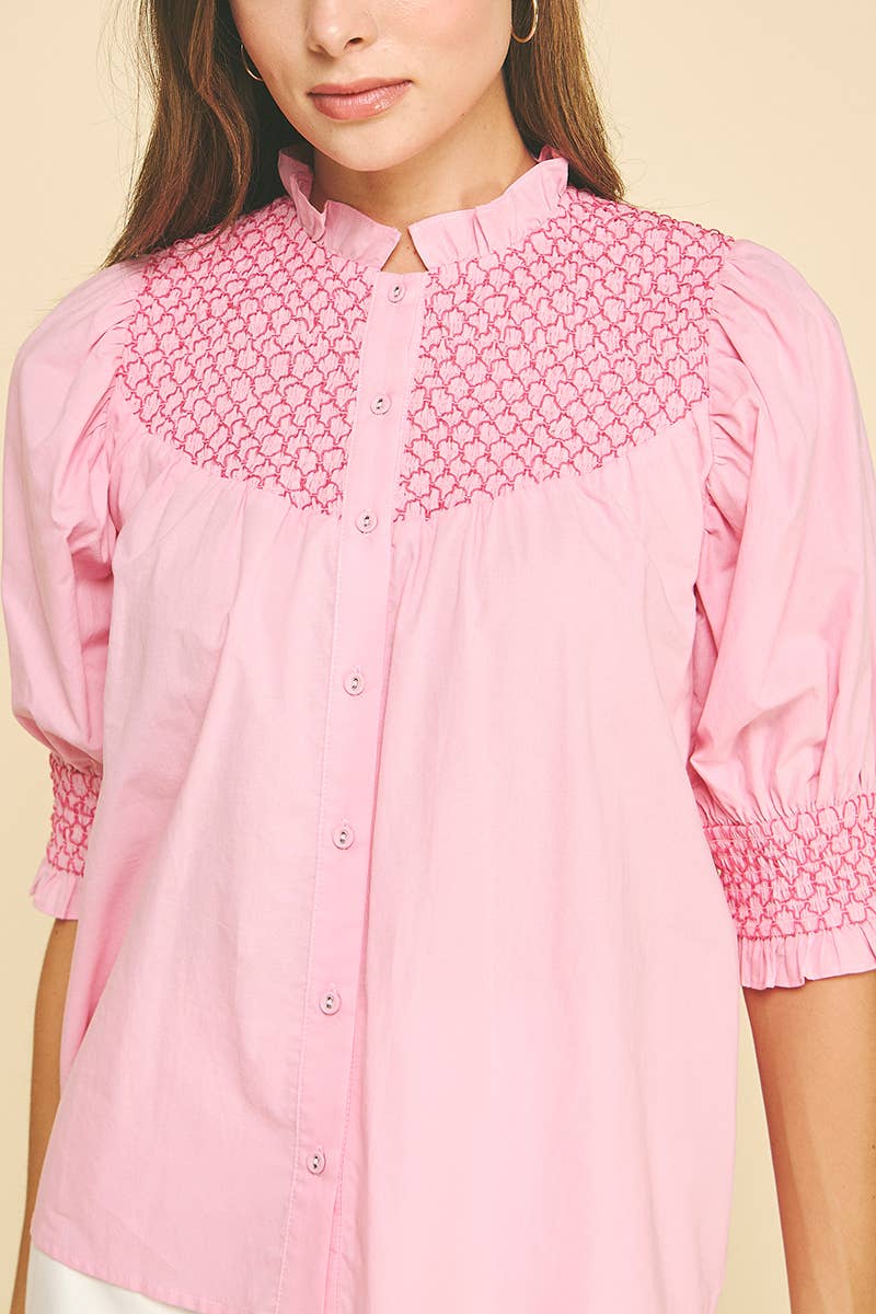EMBROIDERED BUTTON DOWN BLOUSE TOP - 4951TB: Pink / L