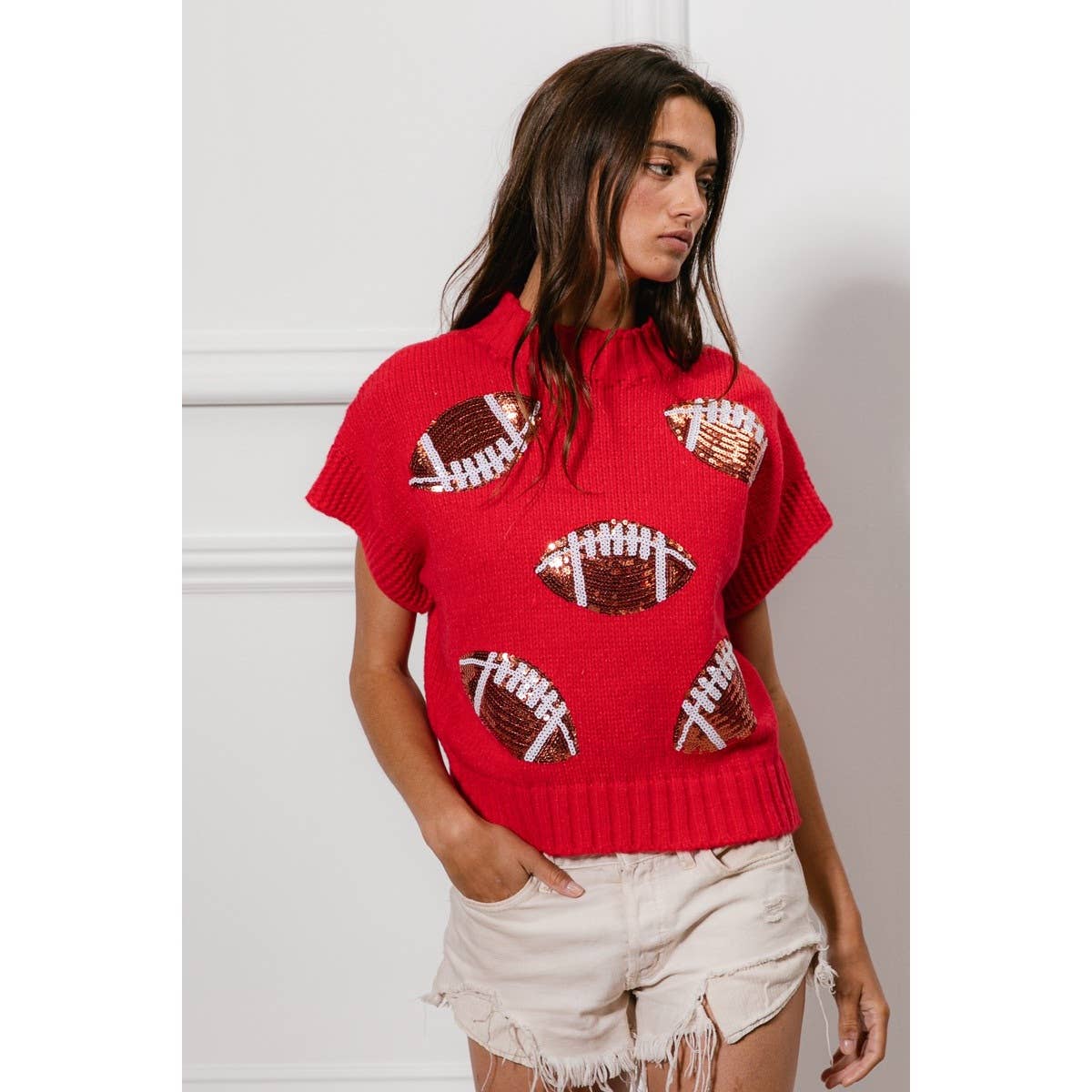 SEQUIN FOOTBALL PATCHES RIB BANDED SWEATER: OATMEAL / S