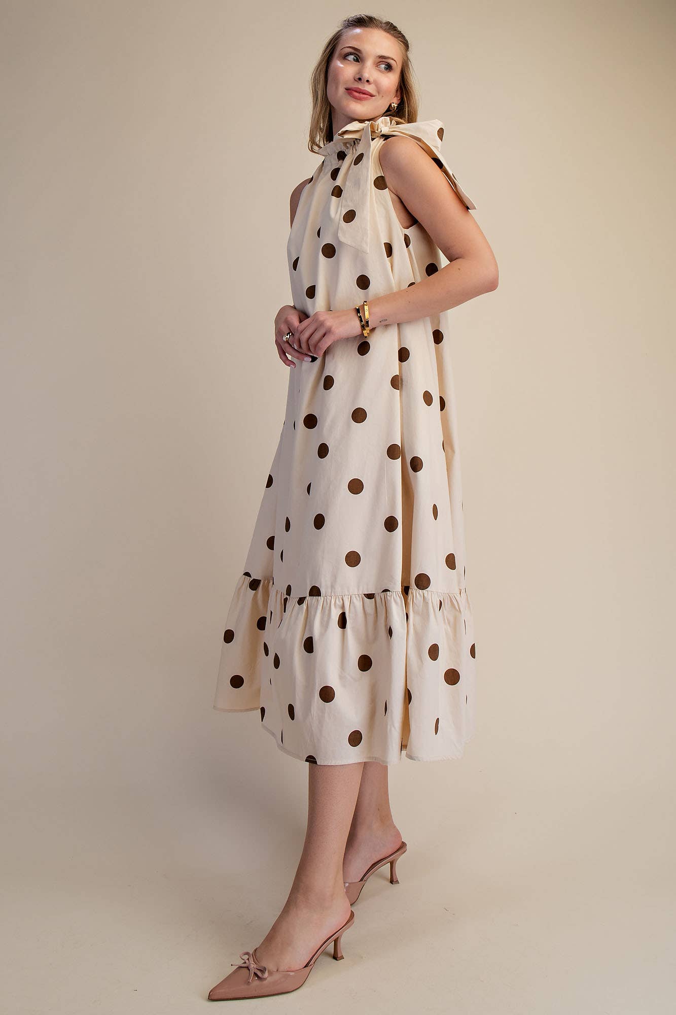 Ruffle Neck Tie Sleeveless Polka Dot Midi Dress: Blue / L