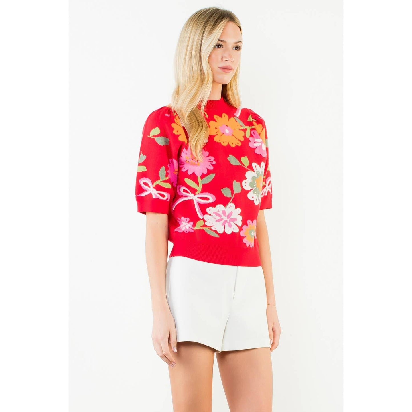 Short Sleeve Floral Detail Knit Top: RED / XS-S-M-L(1-2-2-1)
