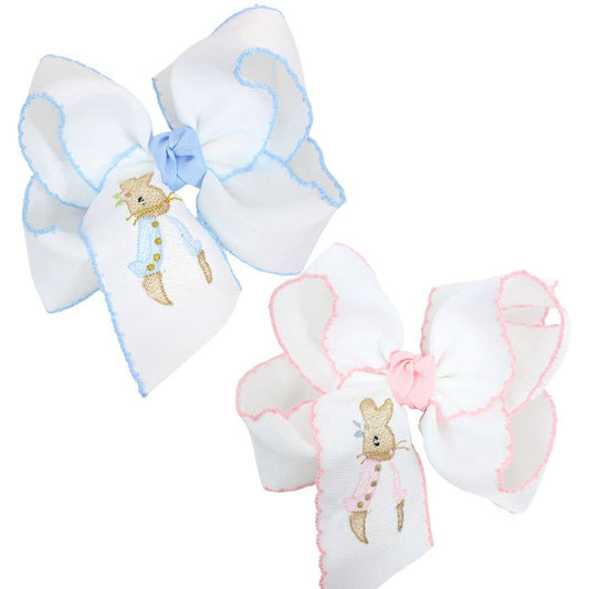 EMBROIDERED EASTER CROCHET EDGE BOWS: White w/ Light Pink Crochet Edge