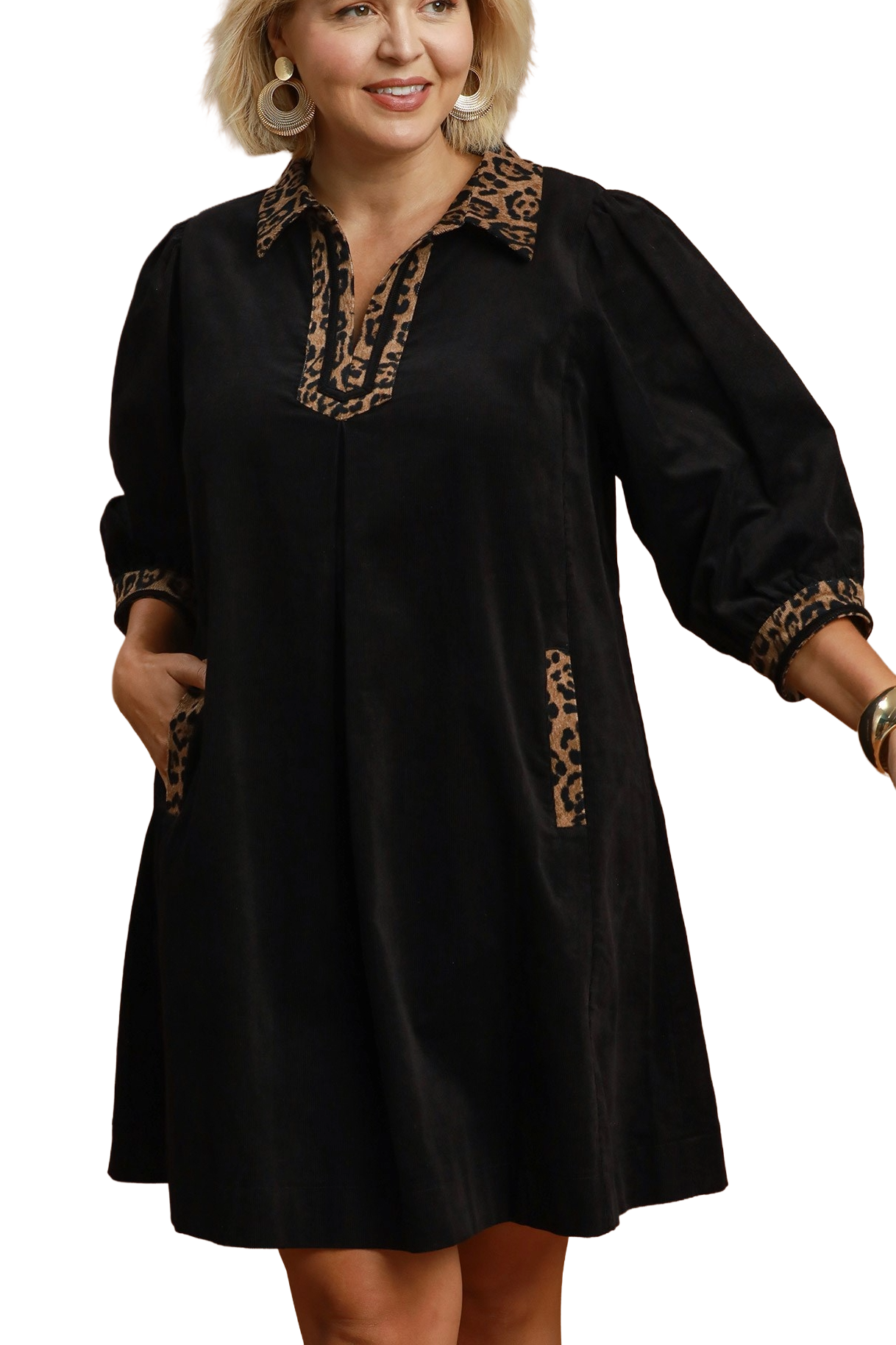 Plus V-neck Shift Dress With Contrast Trim: BROWN / 1-1-1(XL-1XL-2XL)