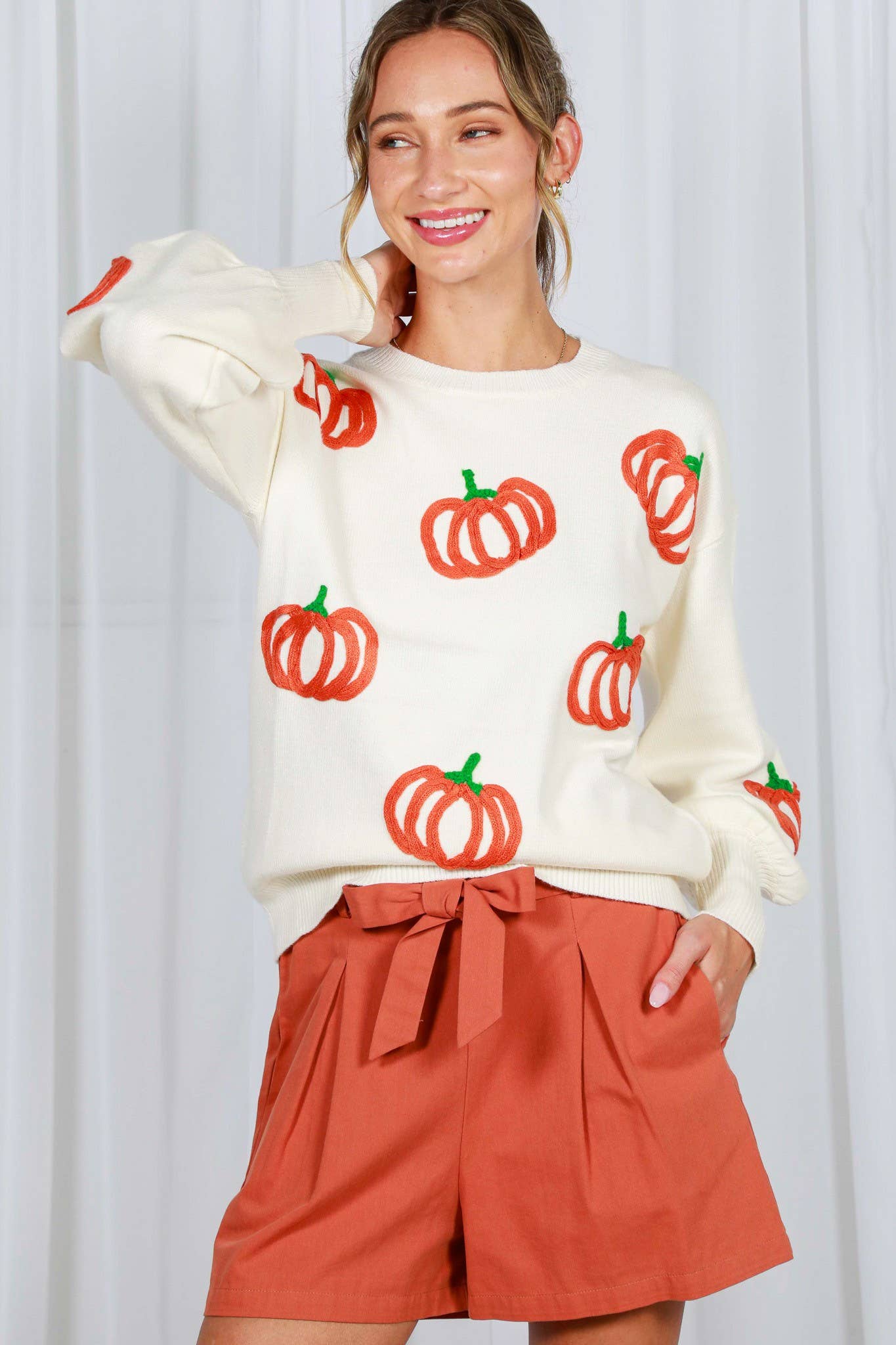 Pumpkin Embroidered Crew Neck Knitted Sweater Top VT82559: Cream / L