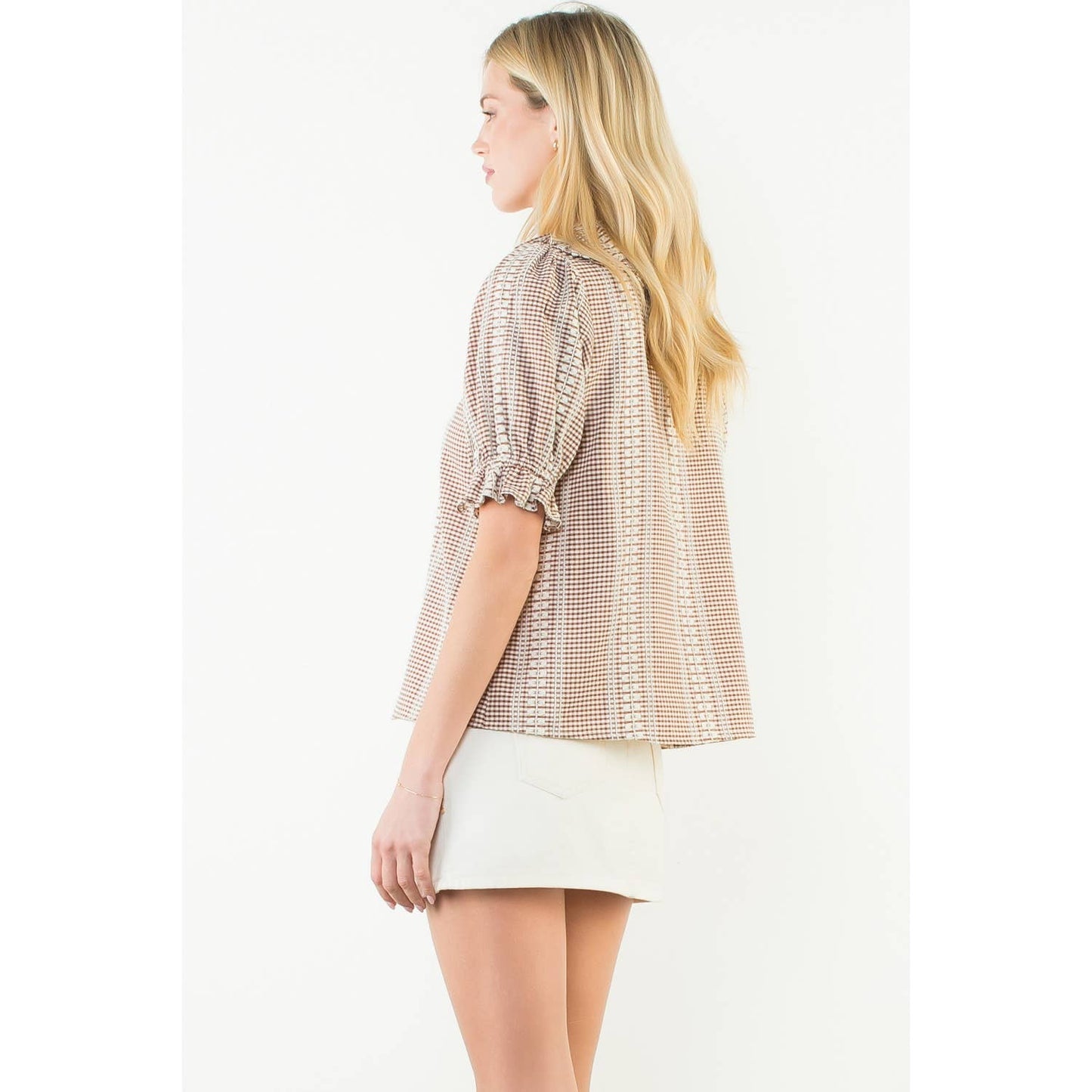 Puff Sleeve Gingham Patterned Top: RED / XS-S-M-L(1-2-2-1)