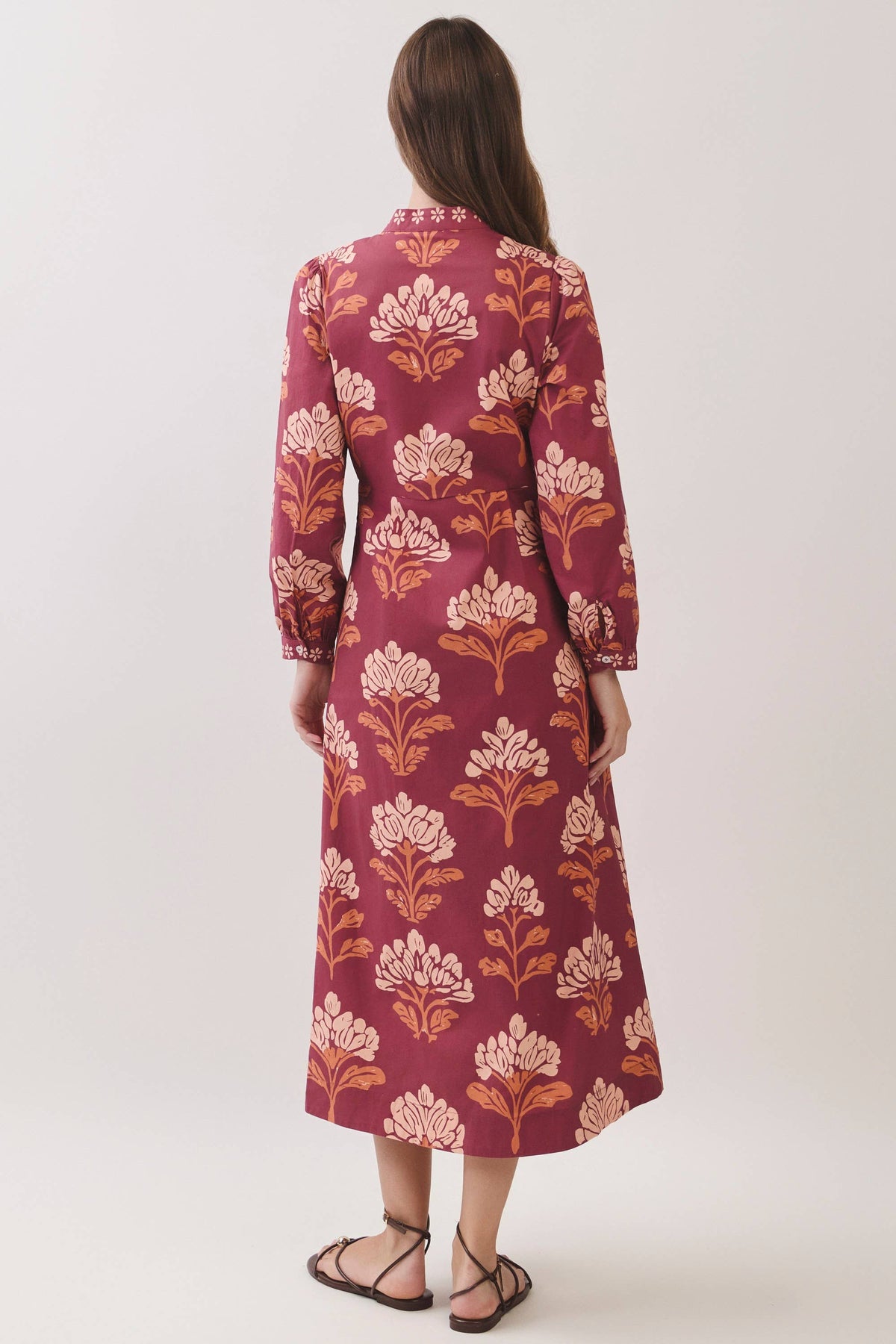 CD07442-Floral Print Shirt Midi Dress: Burgundy / S