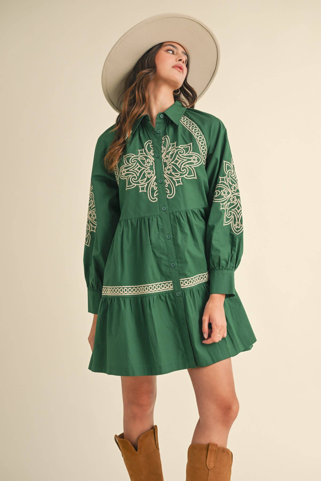 EMBROIDERED BUTTON DOWN MINI DRESS MDR3513: Hunter Green / M