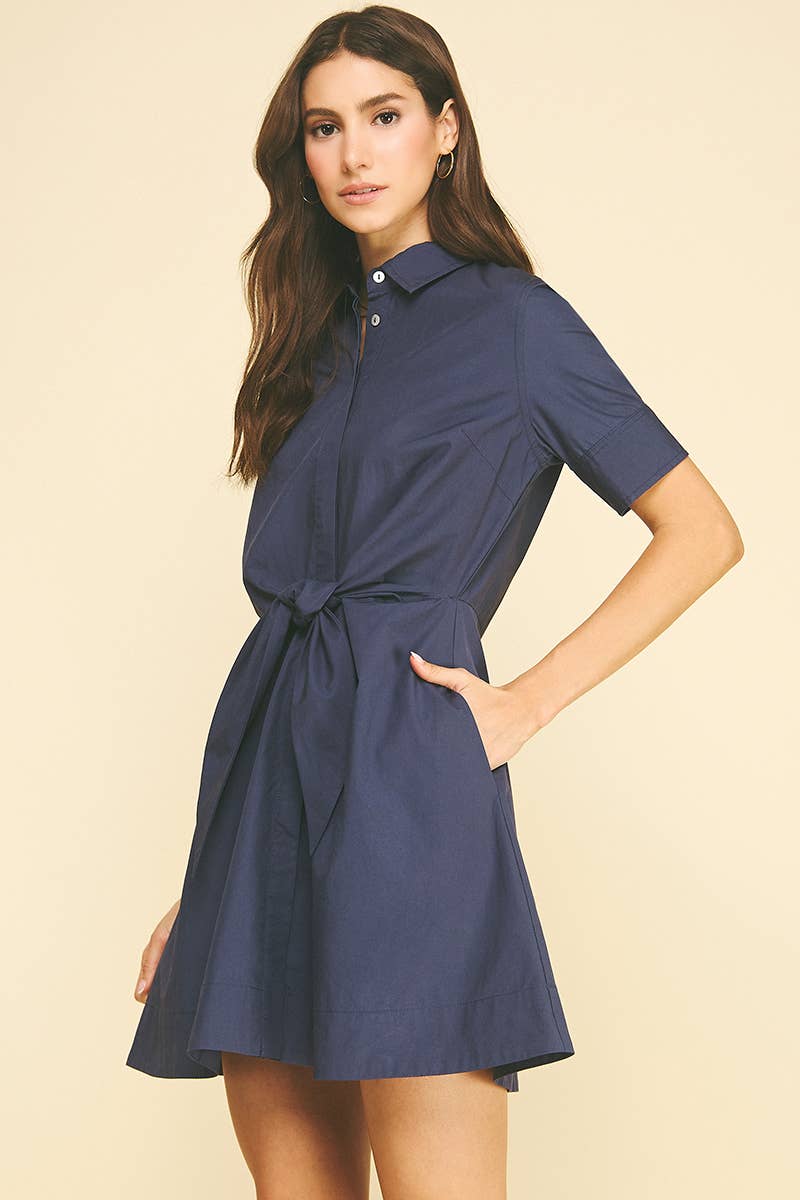 TIE-FRONT BUTTOND DOWN MINI DRESS - 7200D: Black / L