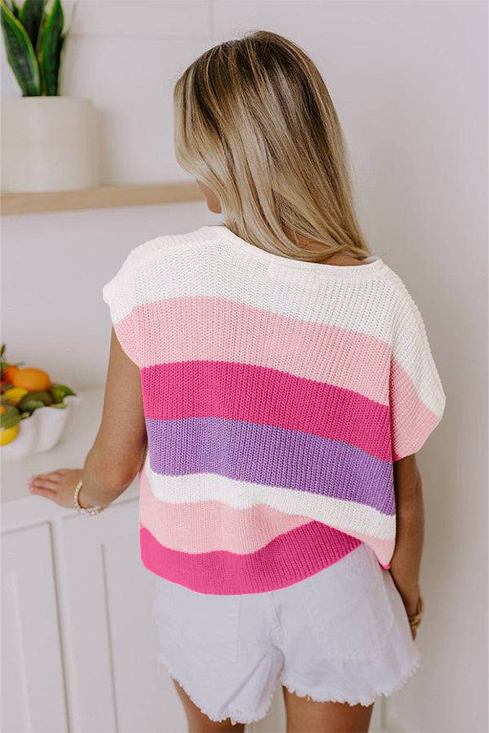 Colorblock Striped Knit Top Casual V Neck Short Sleeve Sweater Women: Green / L