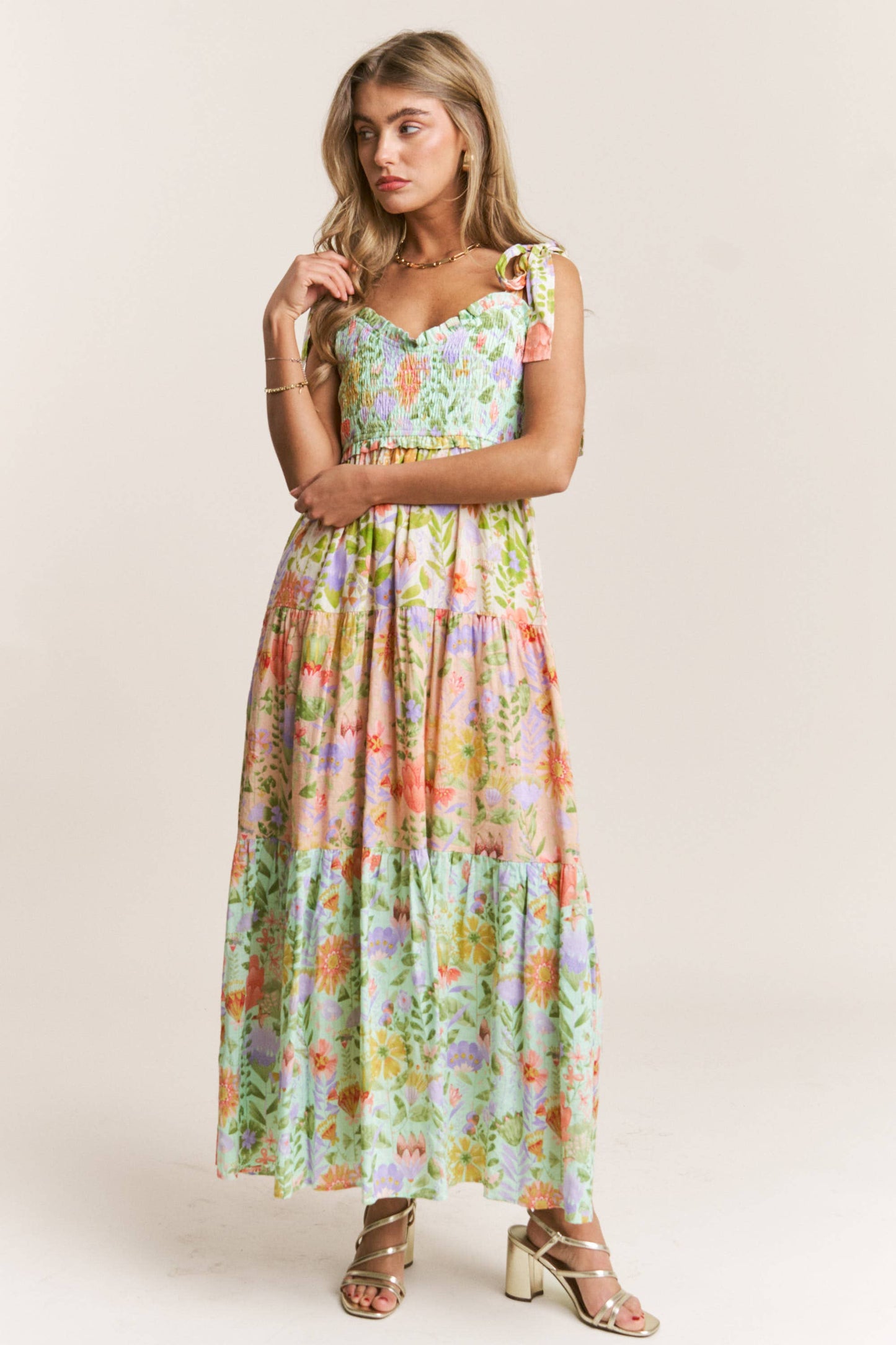 Smocked V-neck Tiered Multi Print Dress: Garden Dream / M