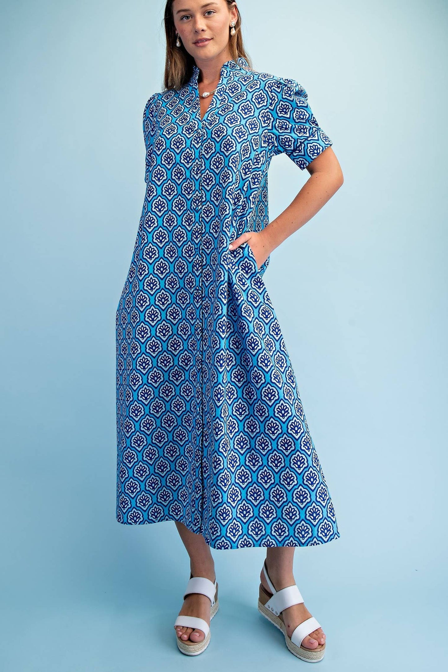 Bright Printed Button Down Midi Dress: SAPPHIRE MIX / 2-2-2(S-M-L)