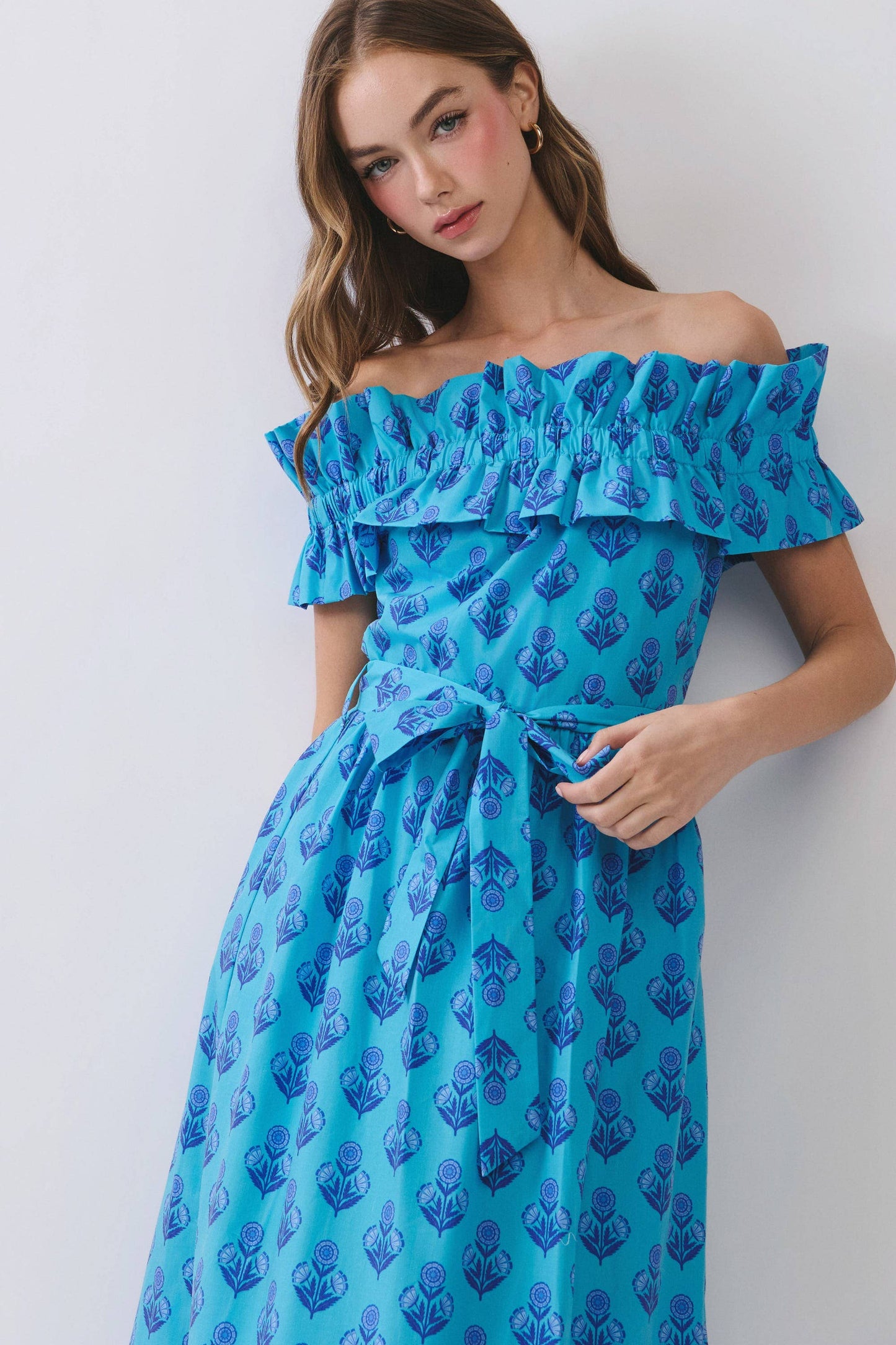 CD07146-Floral Print Off Shoulder Ruffle Maxi Dress: Blue / S