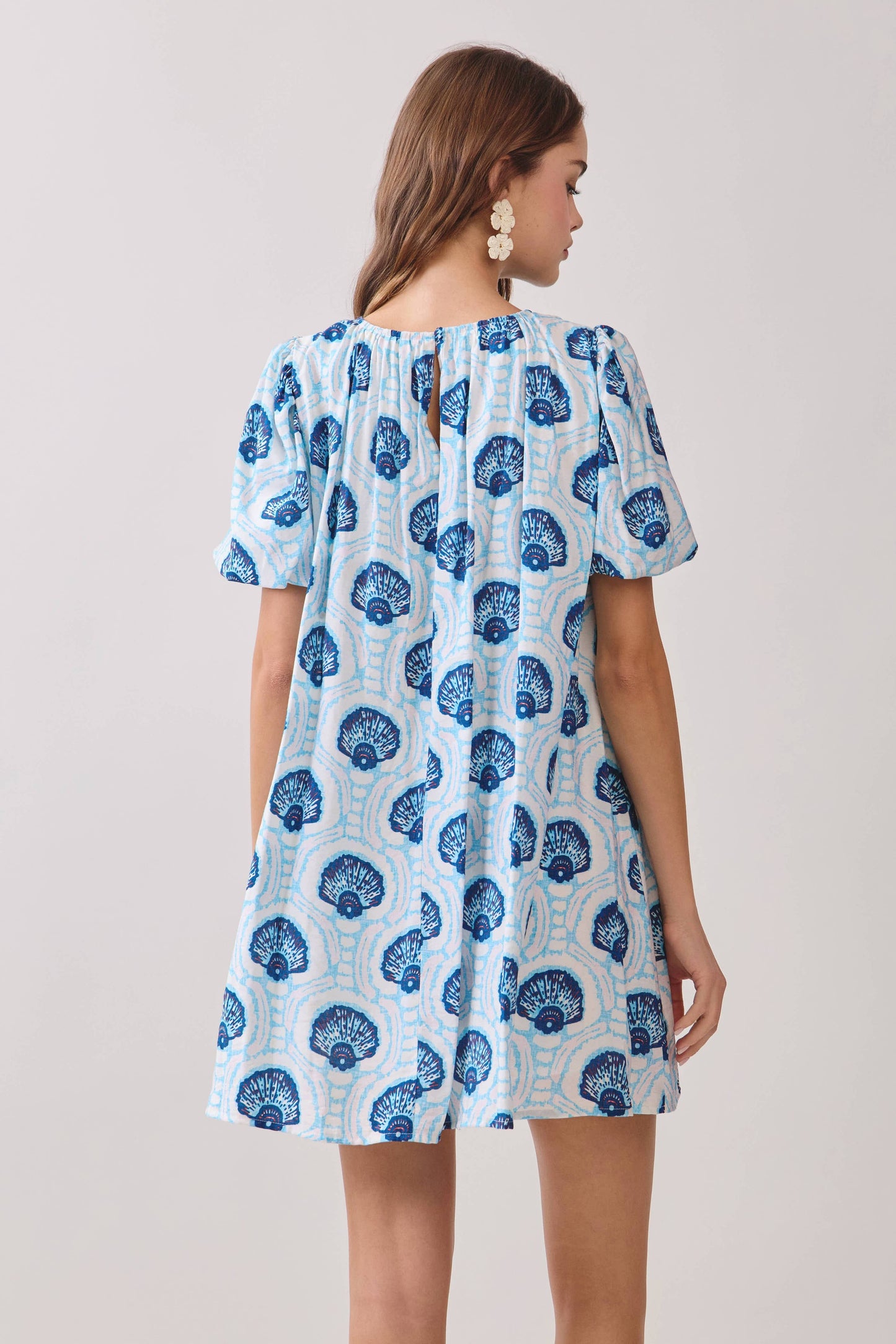 CD06808-Printed Relaxed Flowy Fit Puff Sleeves Dress: Blue / M