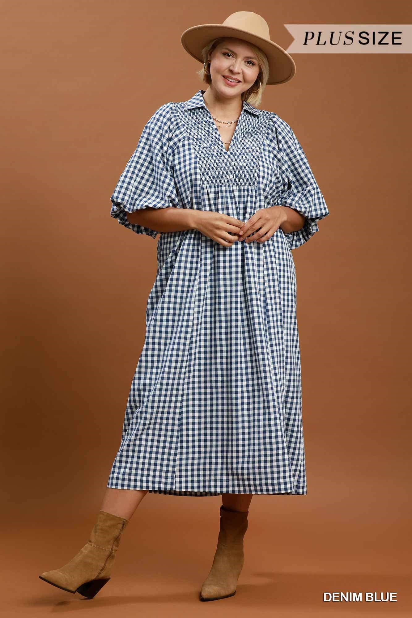 Plus Puff Sleeve Plaid Midi Dress: CRIMSON / 1-1-1(XL-1XL-2XL)