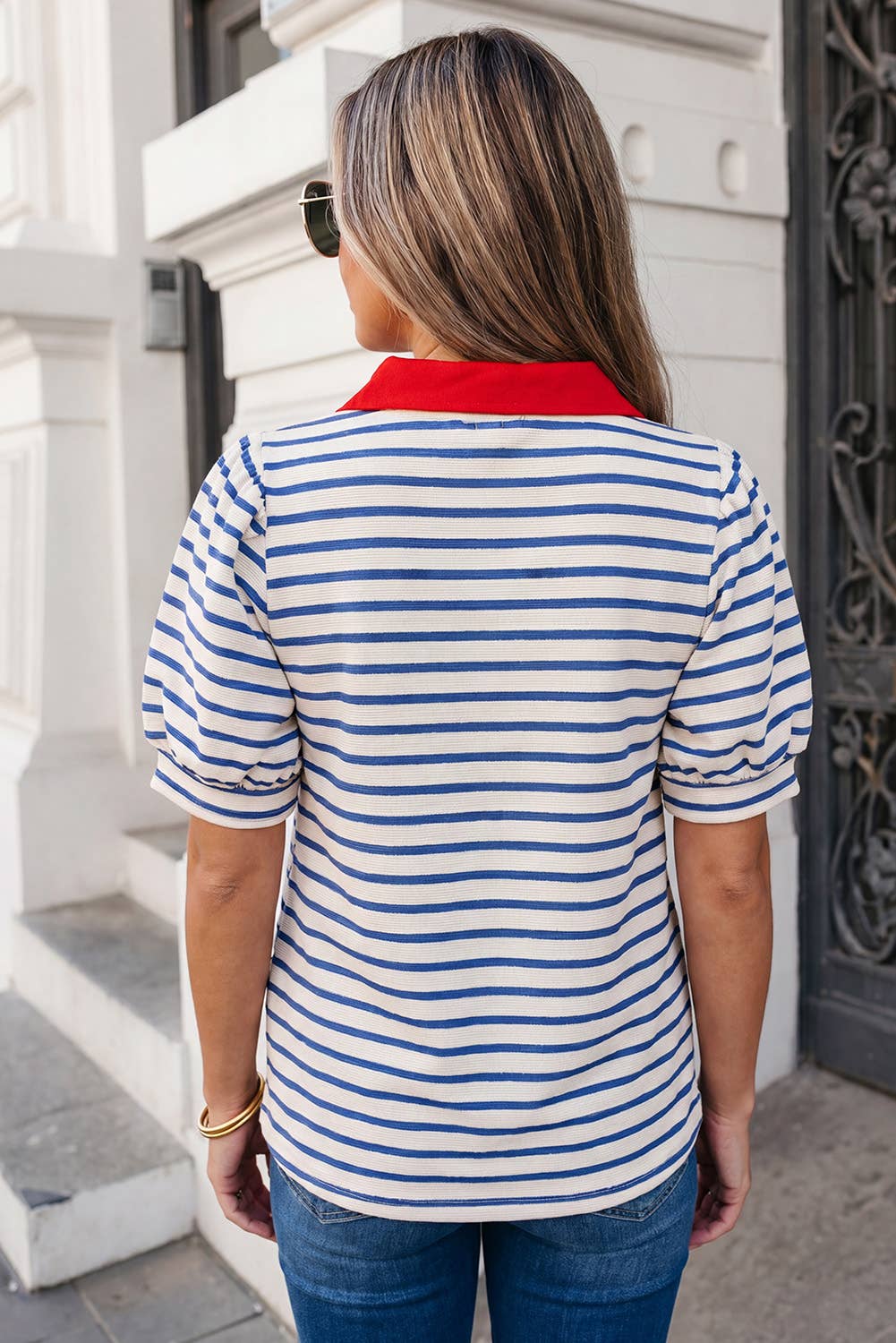Stripe Short Puff Sleeve Collared Blouse | S-XL: Blue / S