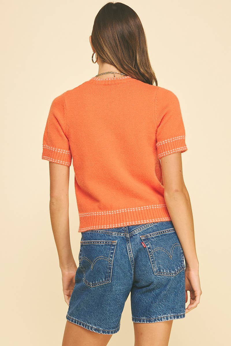 STITCH DETAILED SHORT SLEEVE SWEATER TOP - 6856W: SALMON / M