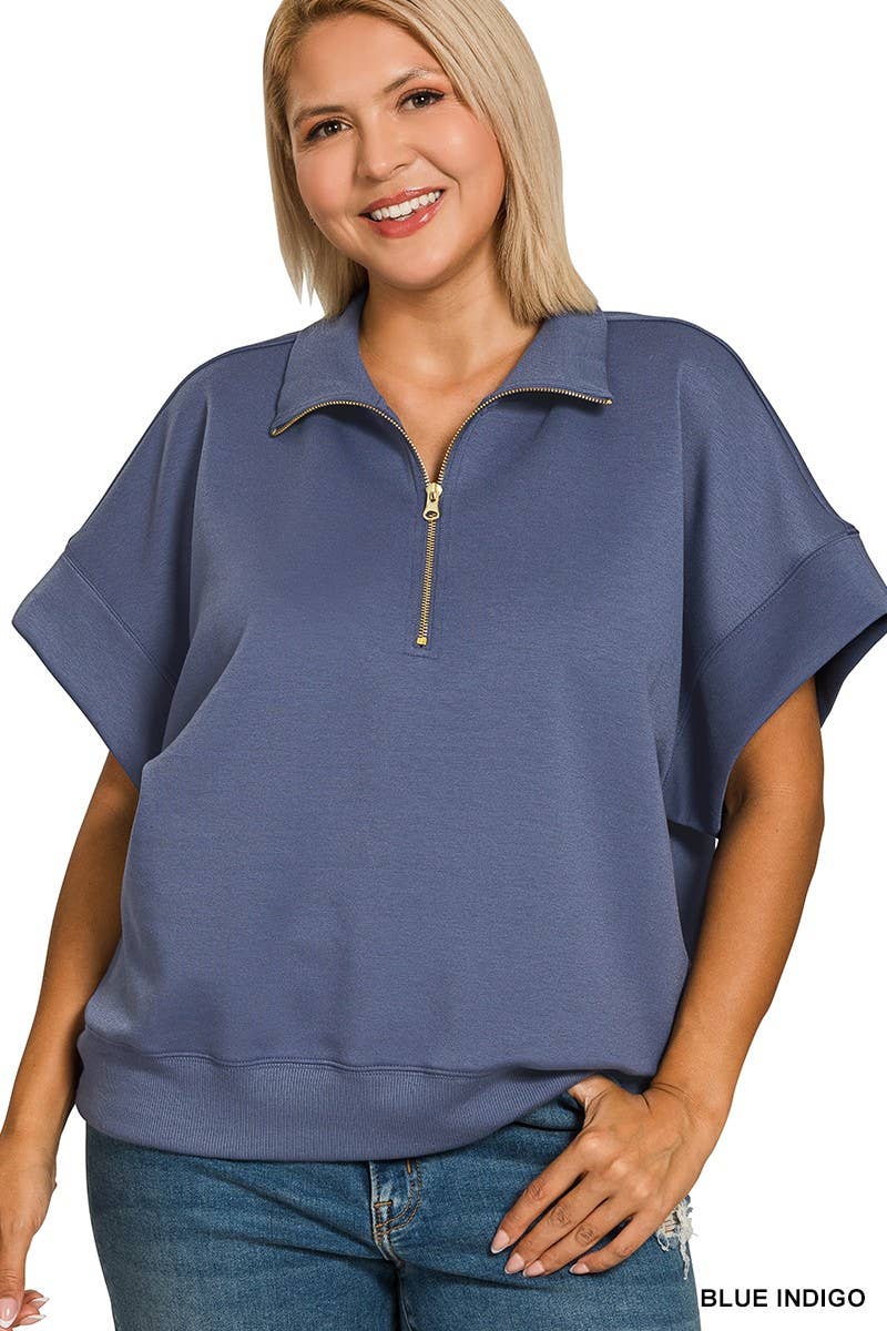 Plus Scuba High Neck Half Zip Short Slv Pullover: CORNFLOWER BLUE / 2-2-1(1X-2X-3X)