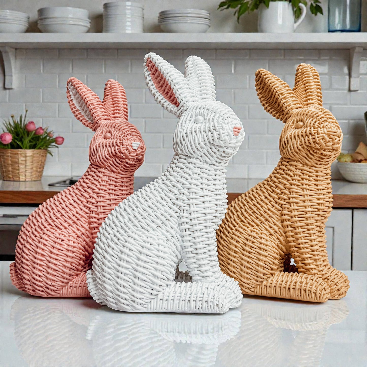 Easter Farmhouse Home Decor, Resin Bunny Figurine Rattan : White