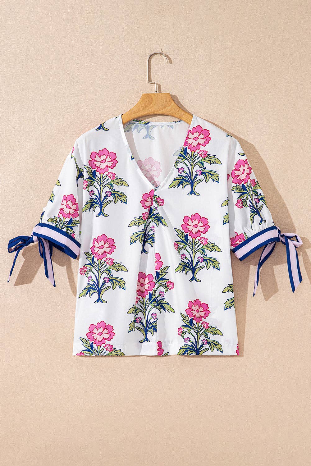 White Floral Colorblock Stripe Knot Bubble Sleeve V Neck Blouse: White / 100%Polyester / S