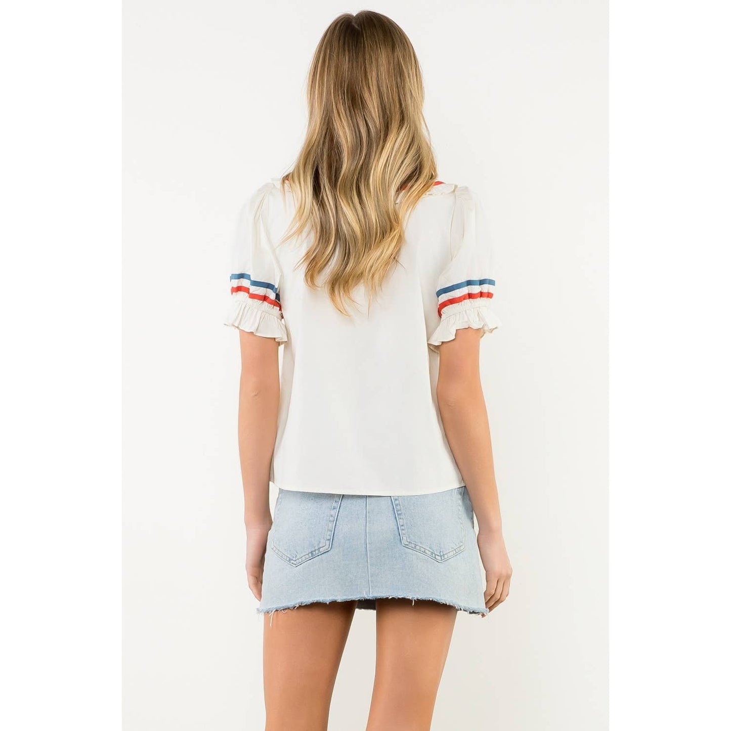 Striped Trim Puff Sleeve Button Top: CREAM / XS-S-M-L(1-2-2-1)