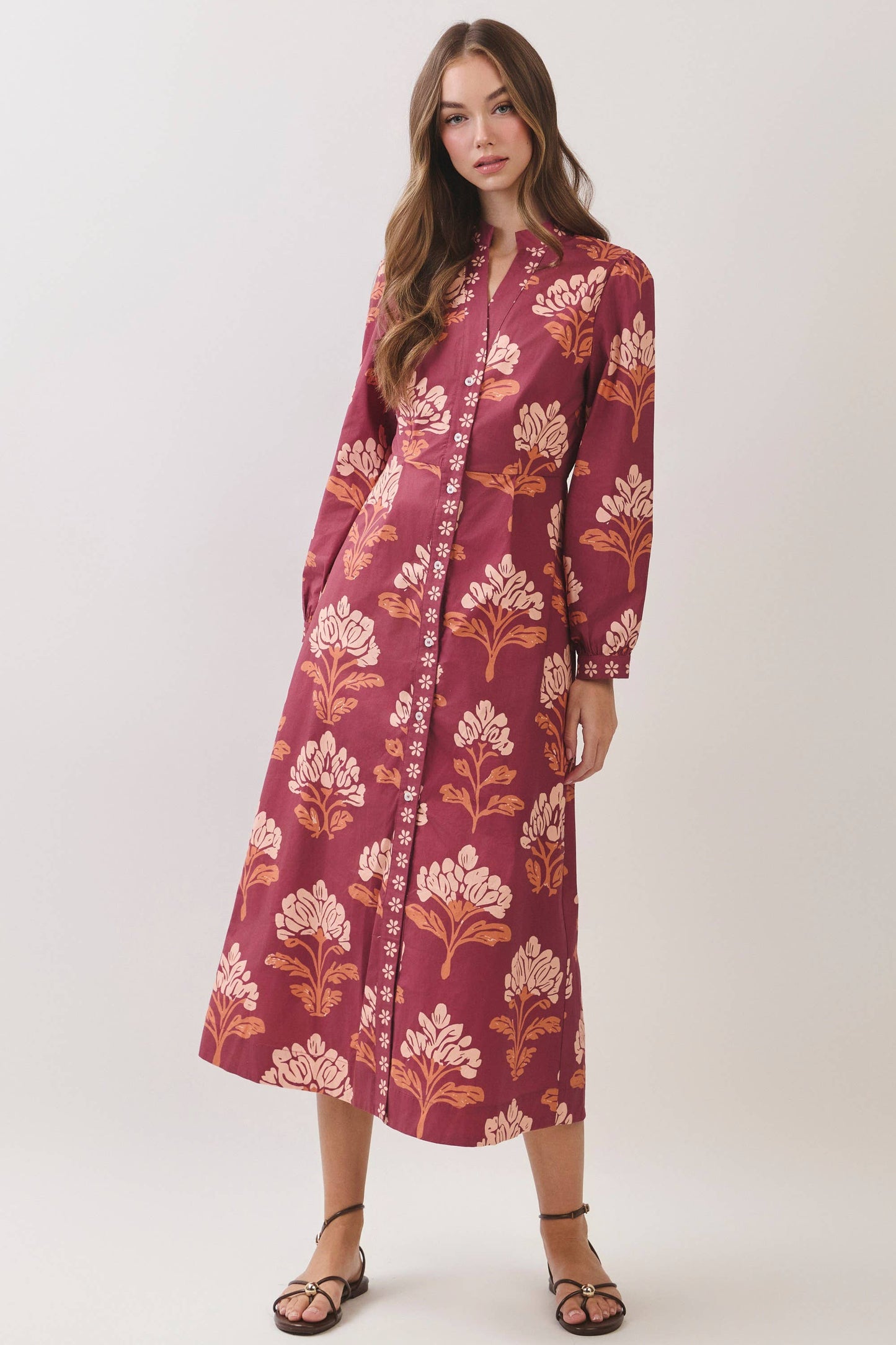 CD07442-Floral Print Shirt Midi Dress: Burgundy / S