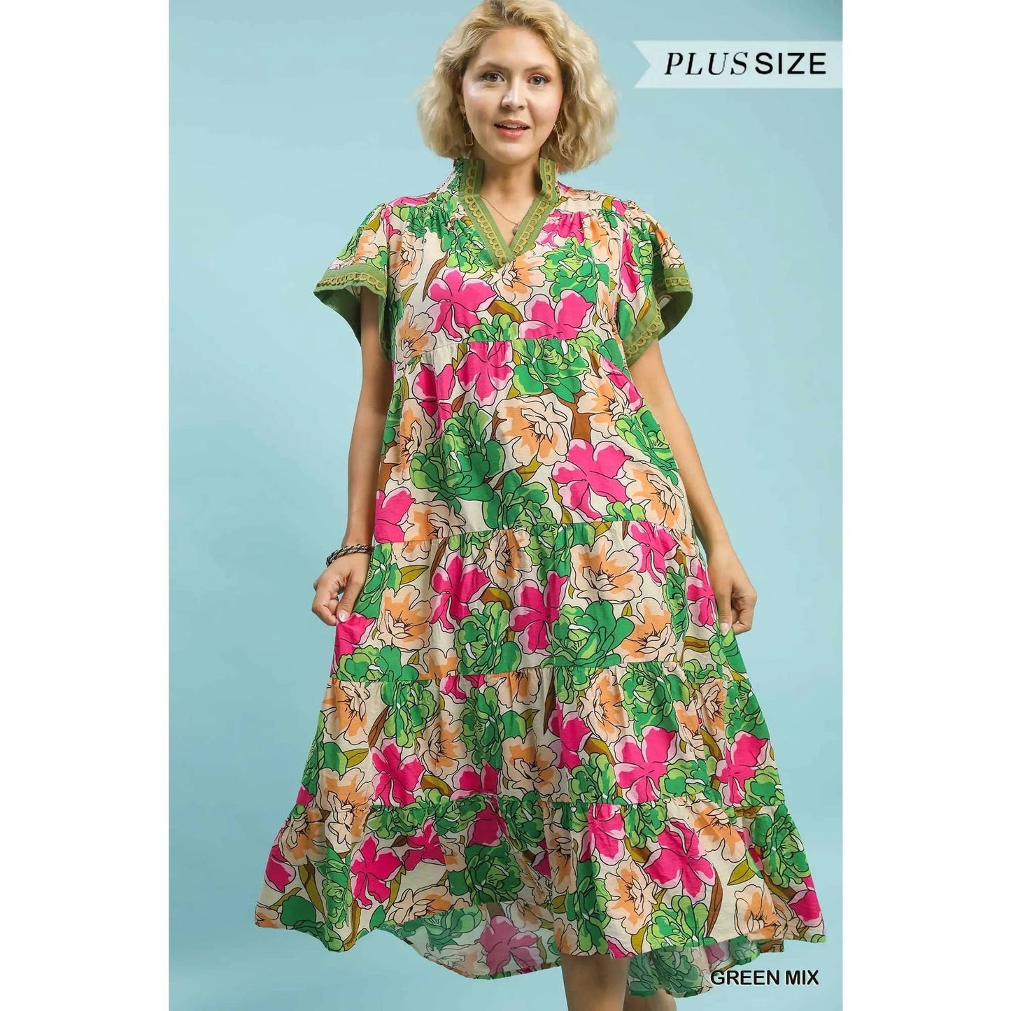 PLUS Mix Bold Floral Tiered Midi Dress: TEA BERRY MIX / 1X