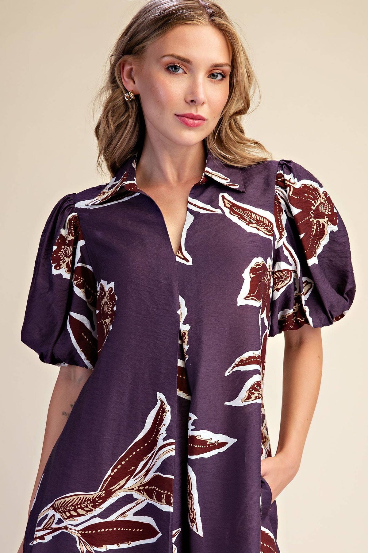 Fall/Winter Print Puff Sleeve Midi Dress : Rust / M