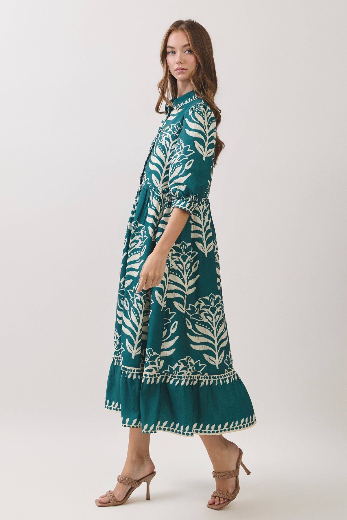 CD07496-Floral Print Puff Sleeve Midi Dress: BERRY / L
