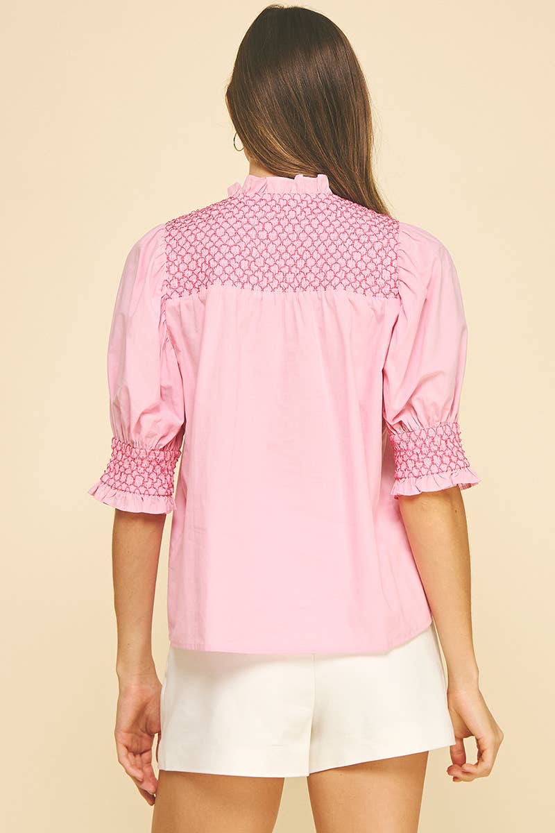 EMBROIDERED BUTTON DOWN BLOUSE TOP - 4951TB: Pink / S