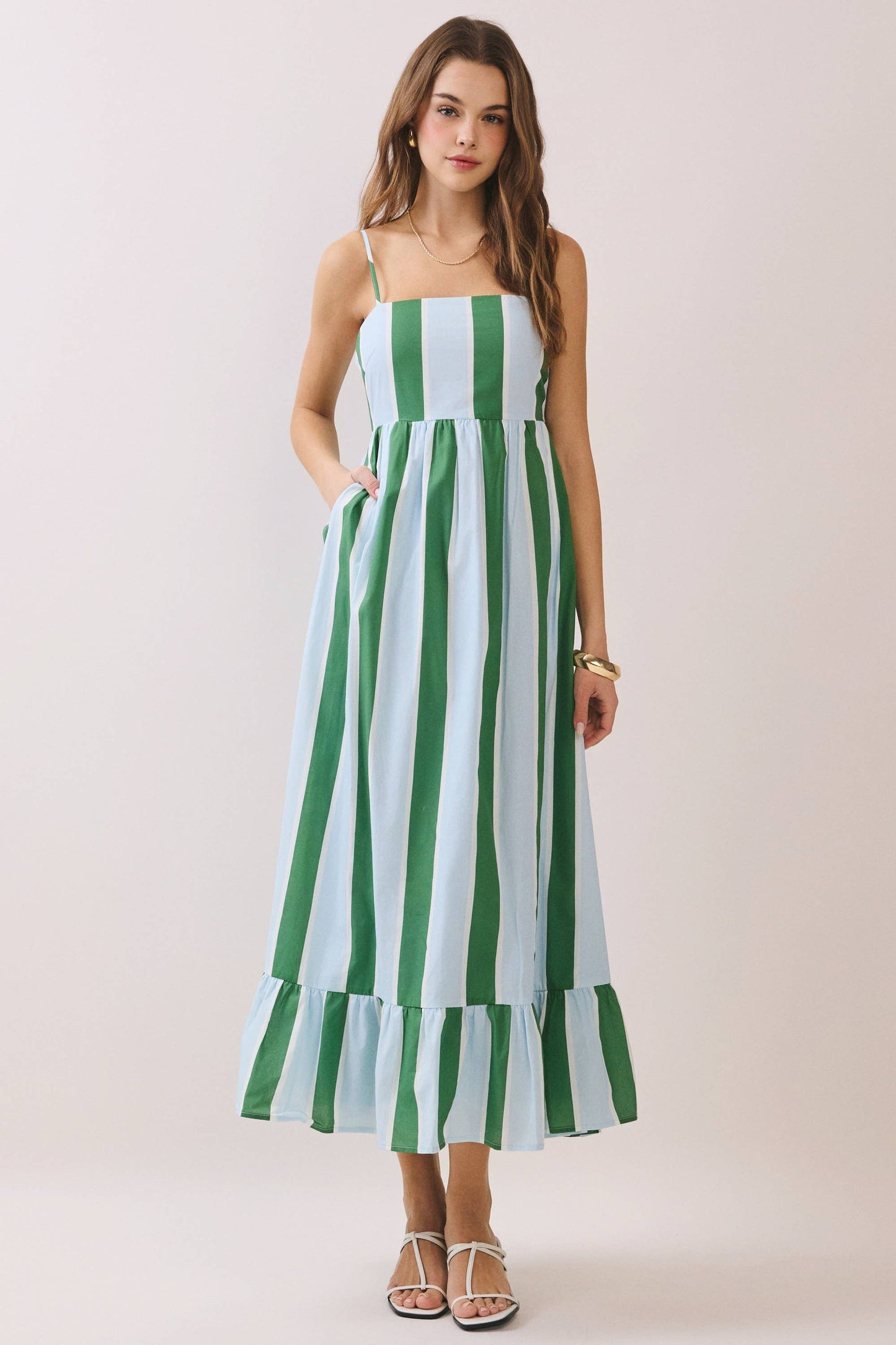 CD06828-Striped Back Smocked Detail Side Pocket Maxi Dress: Green / S